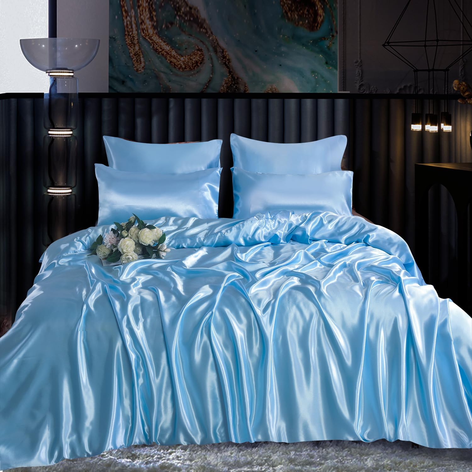 Satin Silk Complete Bedding Set - 6 PCS - Fitted sheet, Duvet Cover, 4 Pillow Cases. Color - Sky Size - Super King