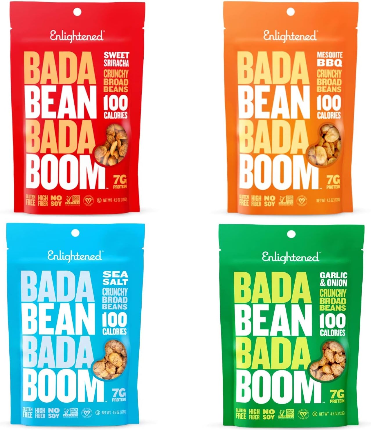 Bada Bean Bada Boom Plant-Based Protein, Crunchy Roasted Broad (Fava), 4-Flavor Variety Pack, 4.5 Ounce (Sweet Sriracha, Mesquite BBQ, Sea Salt, Garlic Onion - 4 Count), 4.5 Ounce (Pack of 4)
