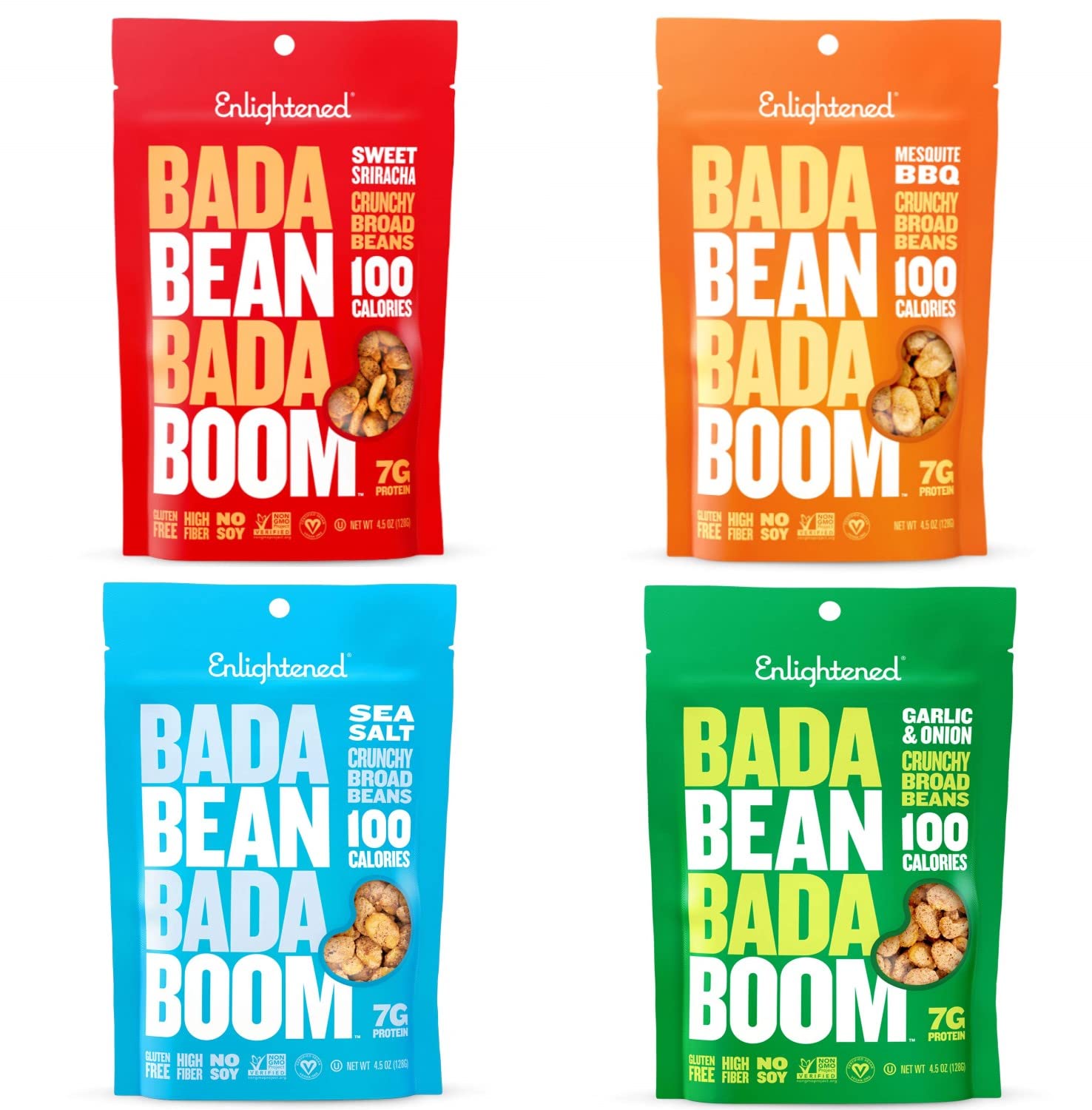 Bada Bean Bada Boom Plant-Based Protein, Crunchy Roasted Broad (Fava), 4-Flavor Variety Pack, 4.5 Ounce (Sweet Sriracha, Mesquite BBQ, Sea Salt, Garlic Onion - 4 Count), 4.5 Ounce (Pack of 4)