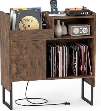 COSTWAY Record Player Stand with Charging Station, End Table Rustic Brown