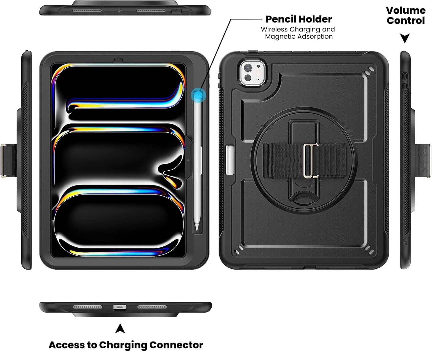 Timecity Case for iPad Pro 11-Inch (M4) 2024 with Screen Protector, 360° Rotating Kickstand, Adjustable Shoulder Strap, Precise Cutouts, Pencil Holder, Black