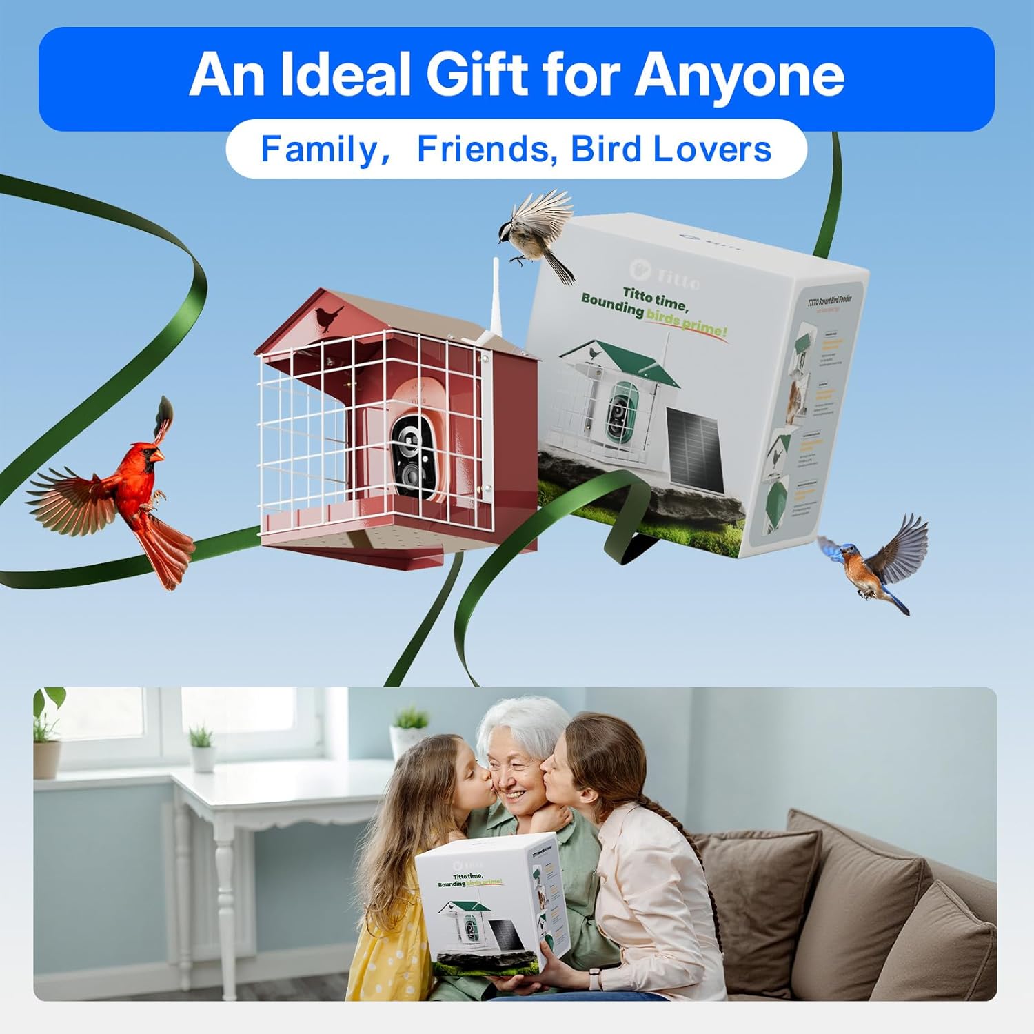 Titto Smart Bird Feeder with Camera, Outdoor Metal Bird Feeders with AI Identify Birds Species, 2K Live Stream & 5MP Photos, Removable Squirrel Proof Cage, Ideal Gift for Christmas, Red