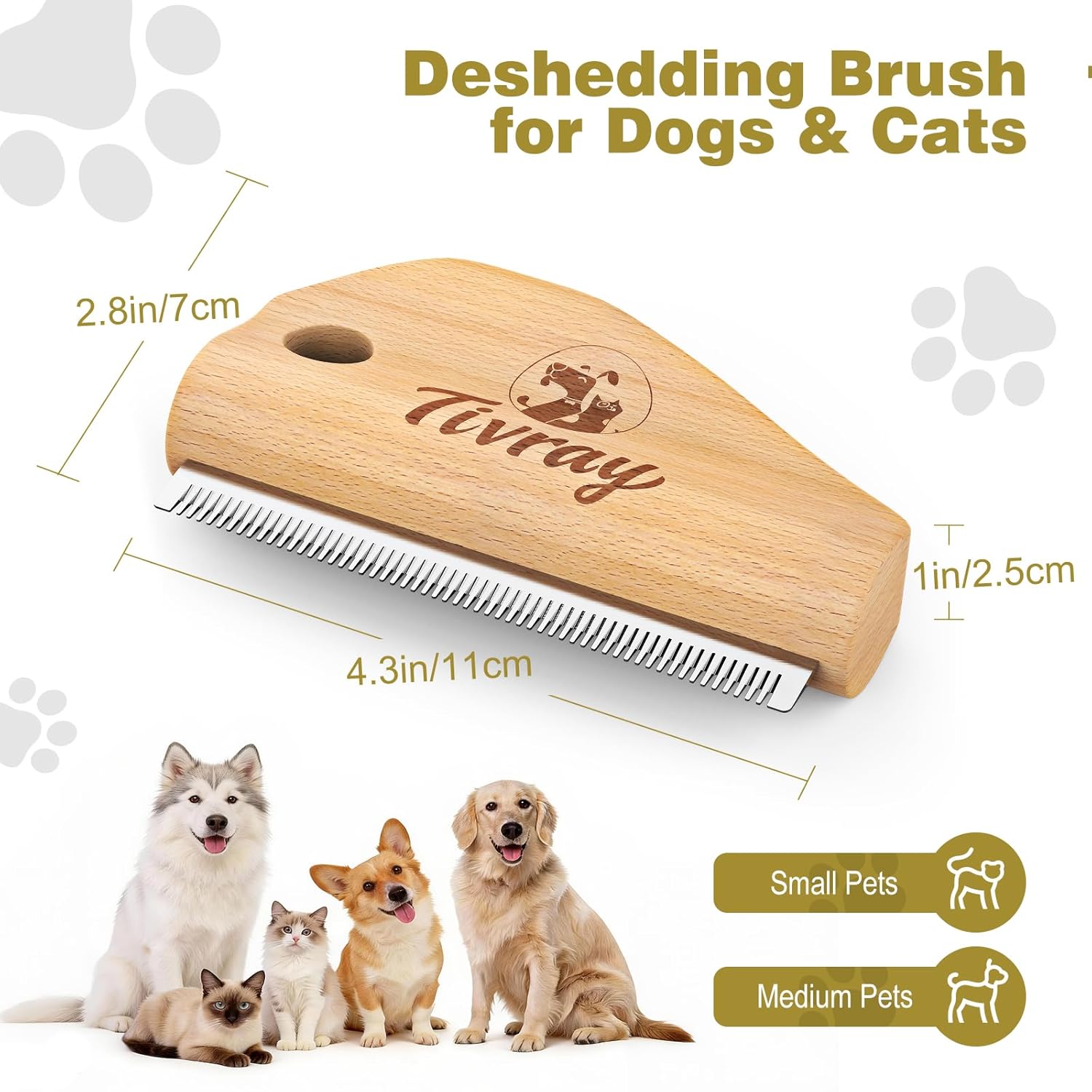 Dog Brush for Shedding, Deshedding Brush for Dogs, Pet Hair Removal Tool, Painless Wood Remover for Pet Hair, Cats, Horses Cleaning, Grooming, Short and Long Fur, Ergonomic Design, 4.3inch
