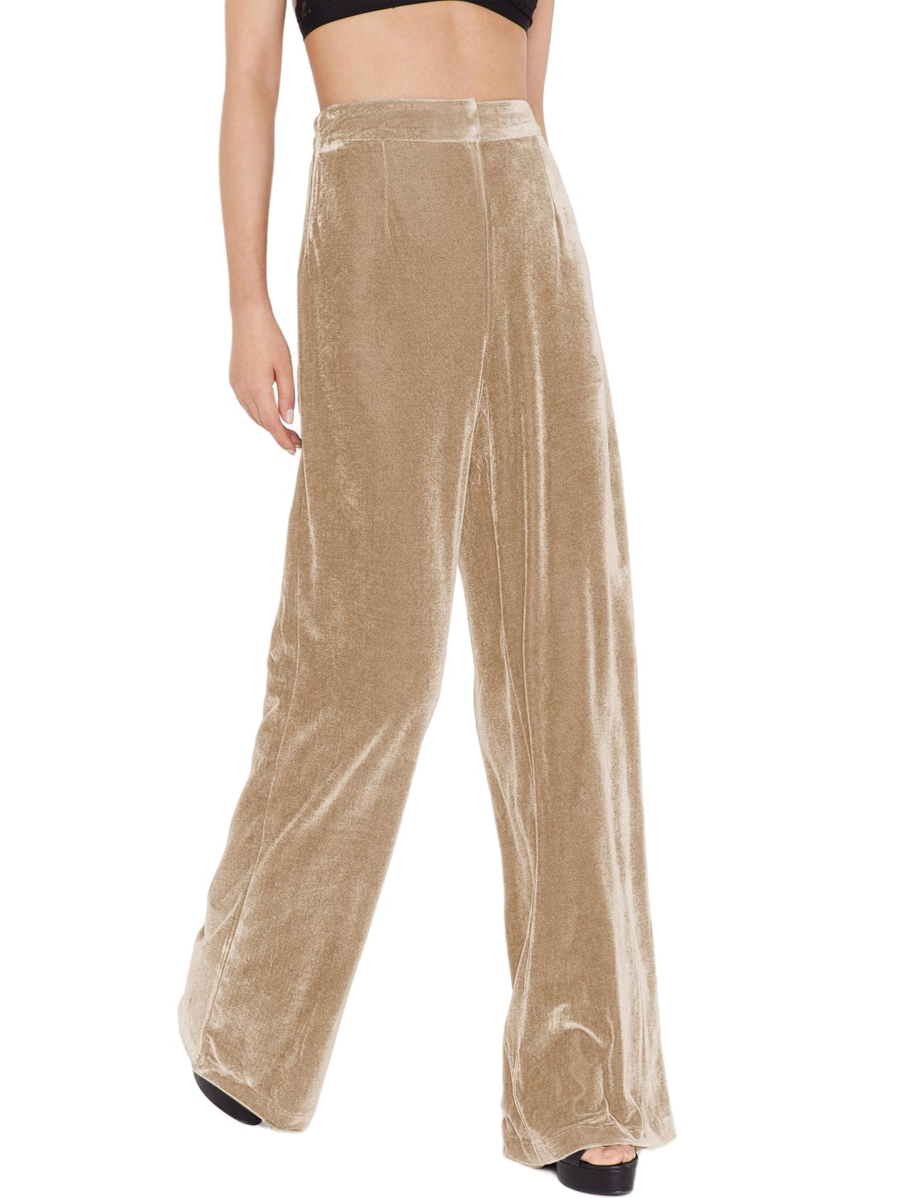 Perbai Womens Retro High Waisted Elastic Back Wide Leg Velvet Pants Flowy Long Palazzo Trousers with Pockets
