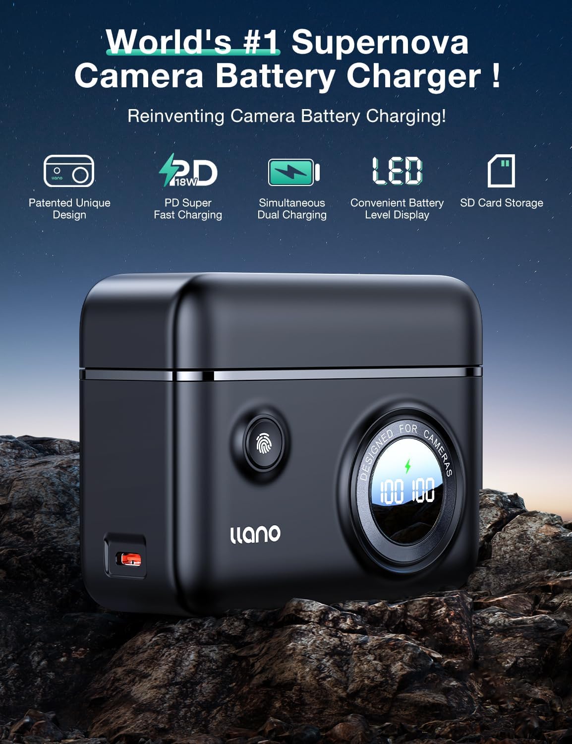 llano NP-FZ100 2400mAh Akku (2er-Pack) & 18W Dual Schnellladegerät für Sony A7V A7III A7IV A6700 RX10 V FX3 FX30 A9 A7C A7CII ZV-E10II ZV-E1 A7RIII, Ladebox mit Digitalanzeige & SD-Kartenspeicher