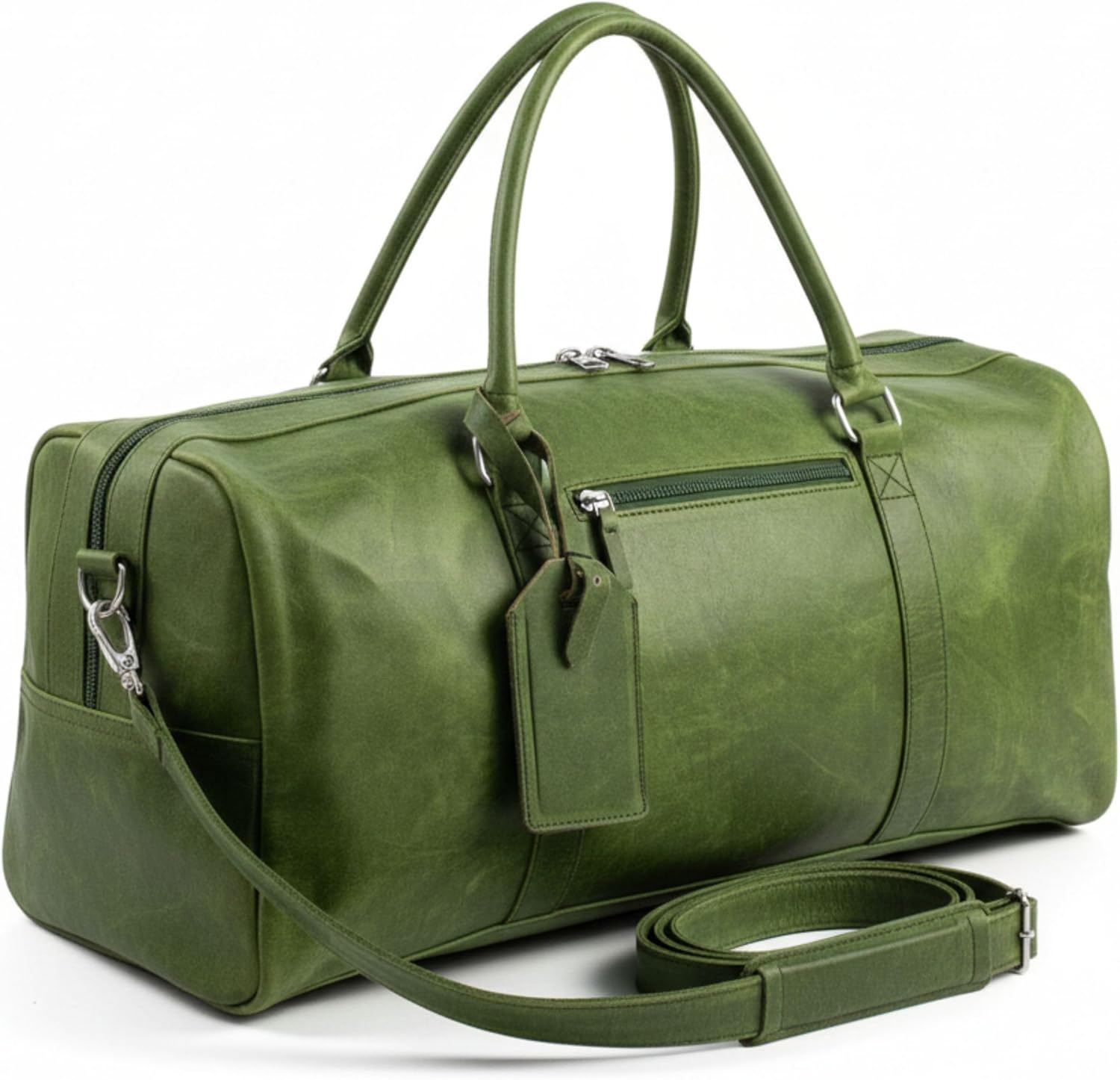 "Premium Leather Duffel Weekender Bag for Men & Women – Spacious, Durable & Stylish Travel Bag with Adjustable Shoulder Strap for Weekend Getaways & Short Trips (green long zi)