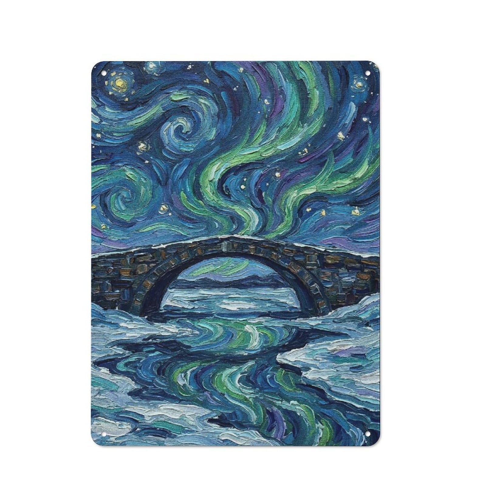 Rustic Aurora Borealis over Stone Bridge Painting Rustic Tin Sign 40x30cm, Porch Wall Decor for Greenhouse, Garden Room, Cafe Or Entryway