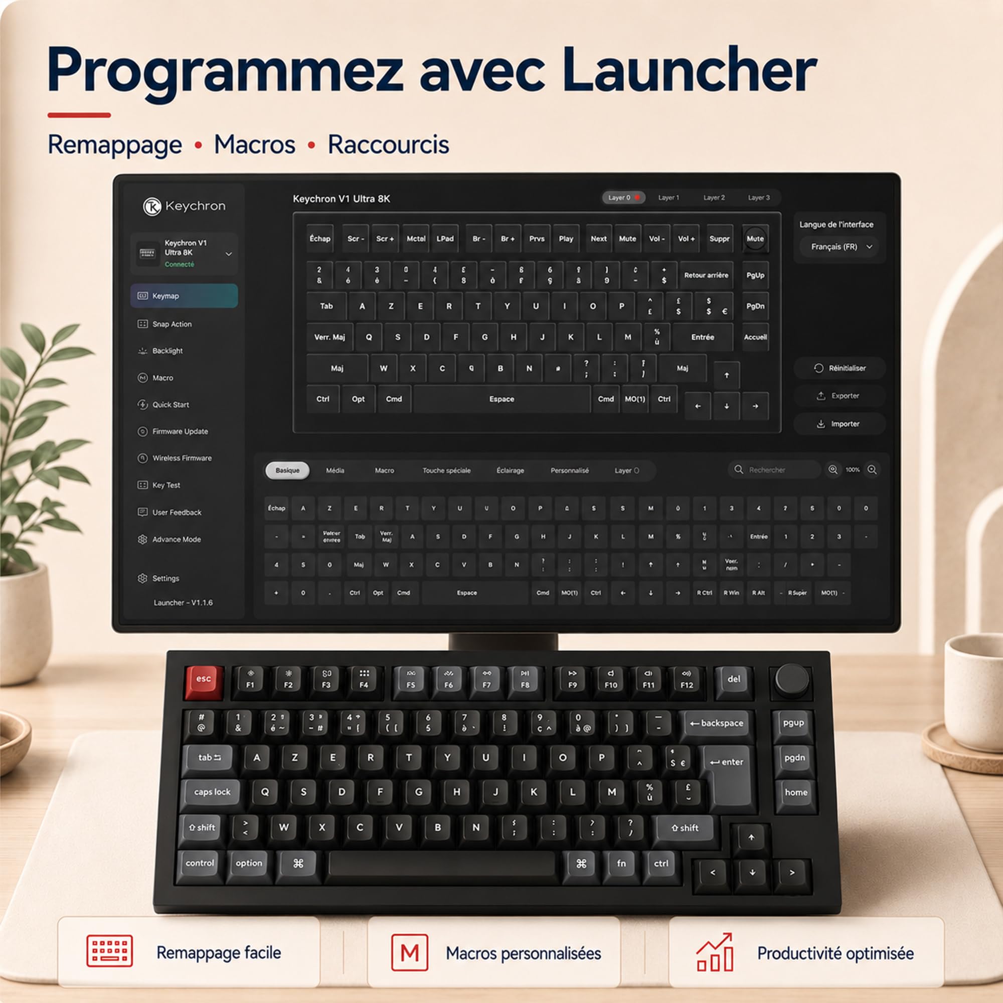 Keychron V1 Ultra 8K Clavier Mécanique sans Fil 75% Compact, 2.4GHz/Bluetooth 5.3/USB-C, Touches PBT OSA, RGB Personnalisable, Switches Marron Pom Hot-Swap pour Mac/Windows/Linux (Disposition AZERTY)