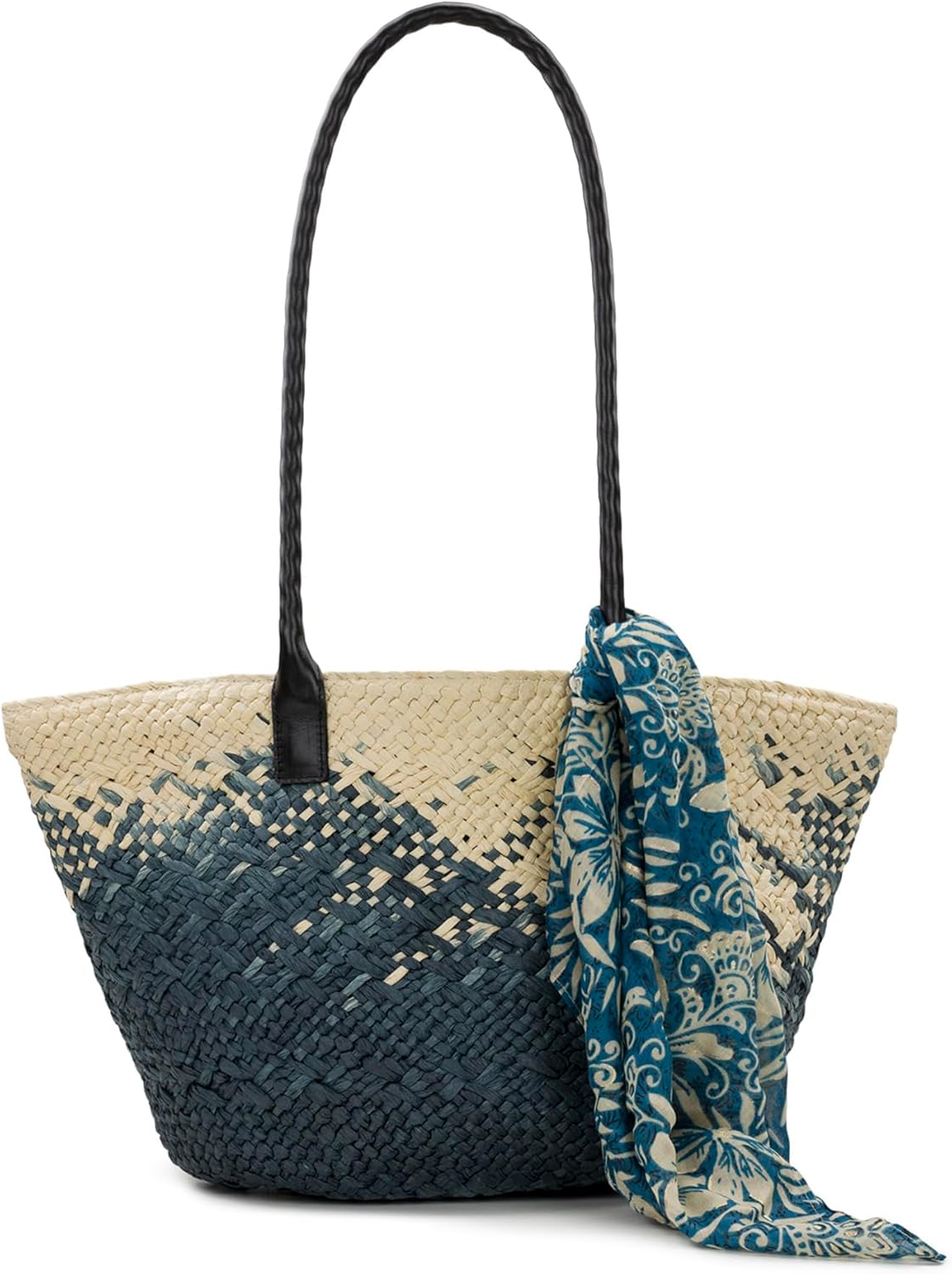 Patricia Nash Calypso Woven Tote W/Greek Floral Scarf, Navy/Natural 046