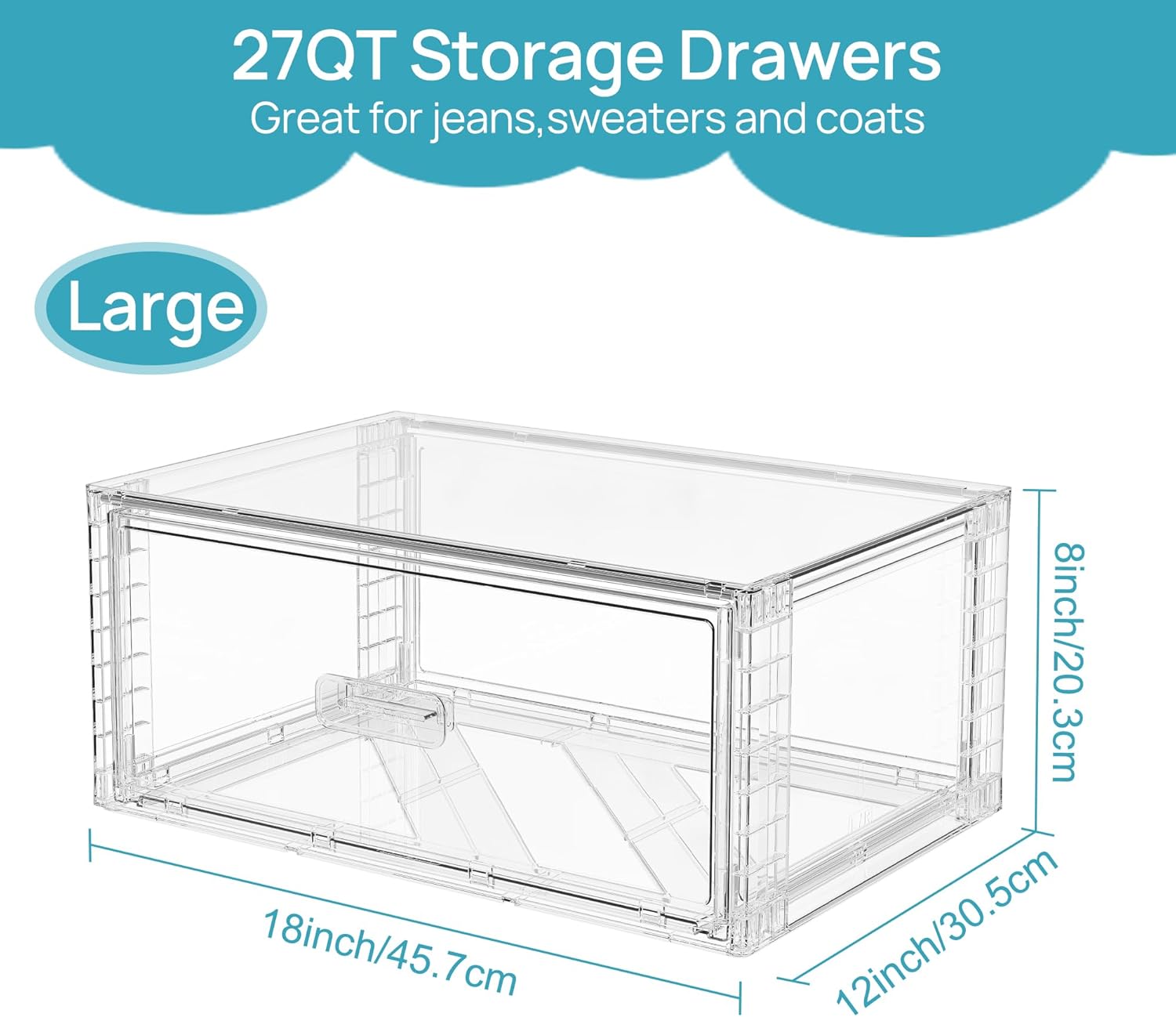 Vtopmart 4 Pack Large Clear Stackable Storage Drawers 27QT, Easily Assemble Plastic Closet Storage Bins, Dust-Proof UnderBed Organizer for Clothing, Sweater Organization - Image 3