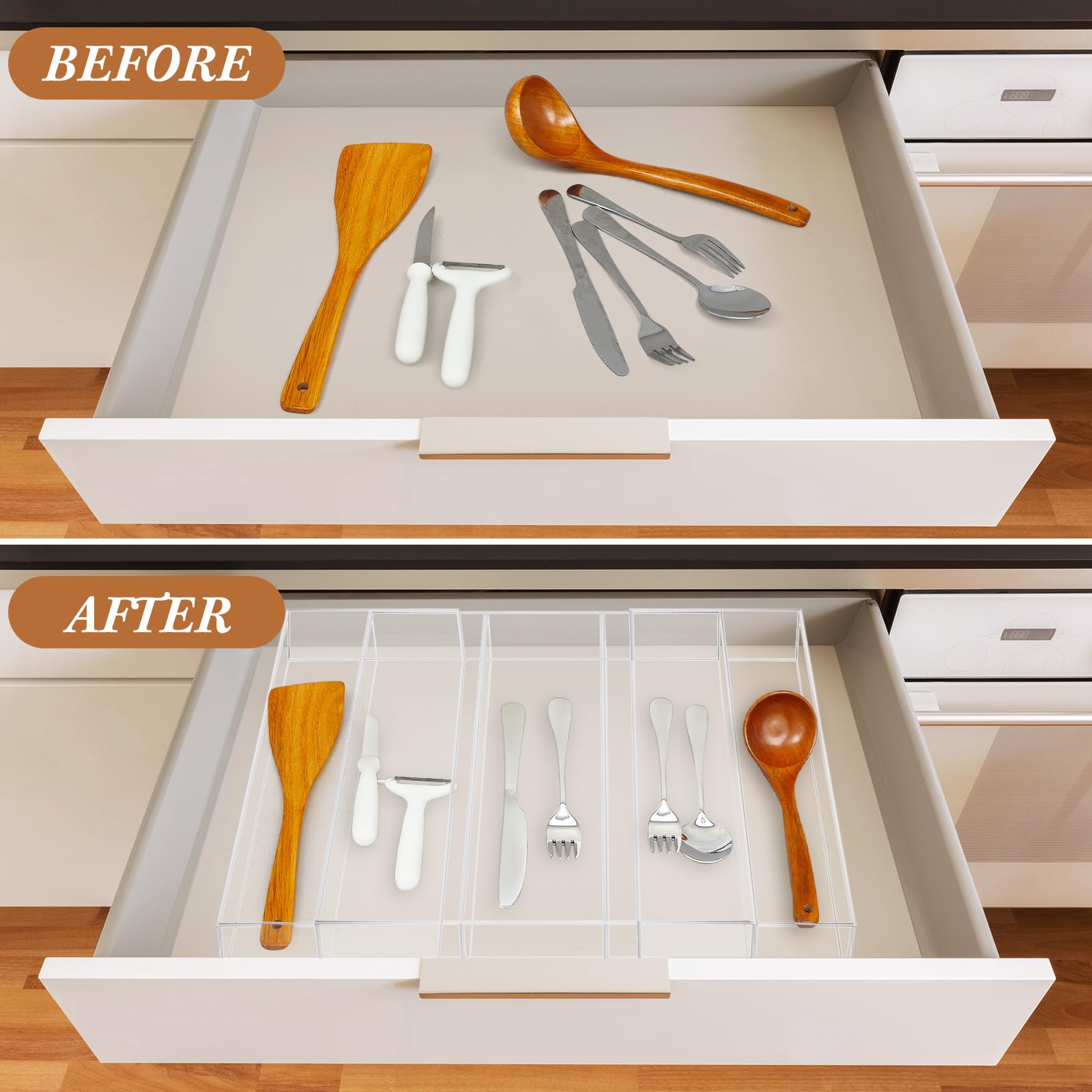 Organizador de cajones de cocina expandible, organizador de utensilios de acrílico transparente, almacenamiento de cubiertos de acrílico ajustable para cajones de cocina, cubiertos y 4