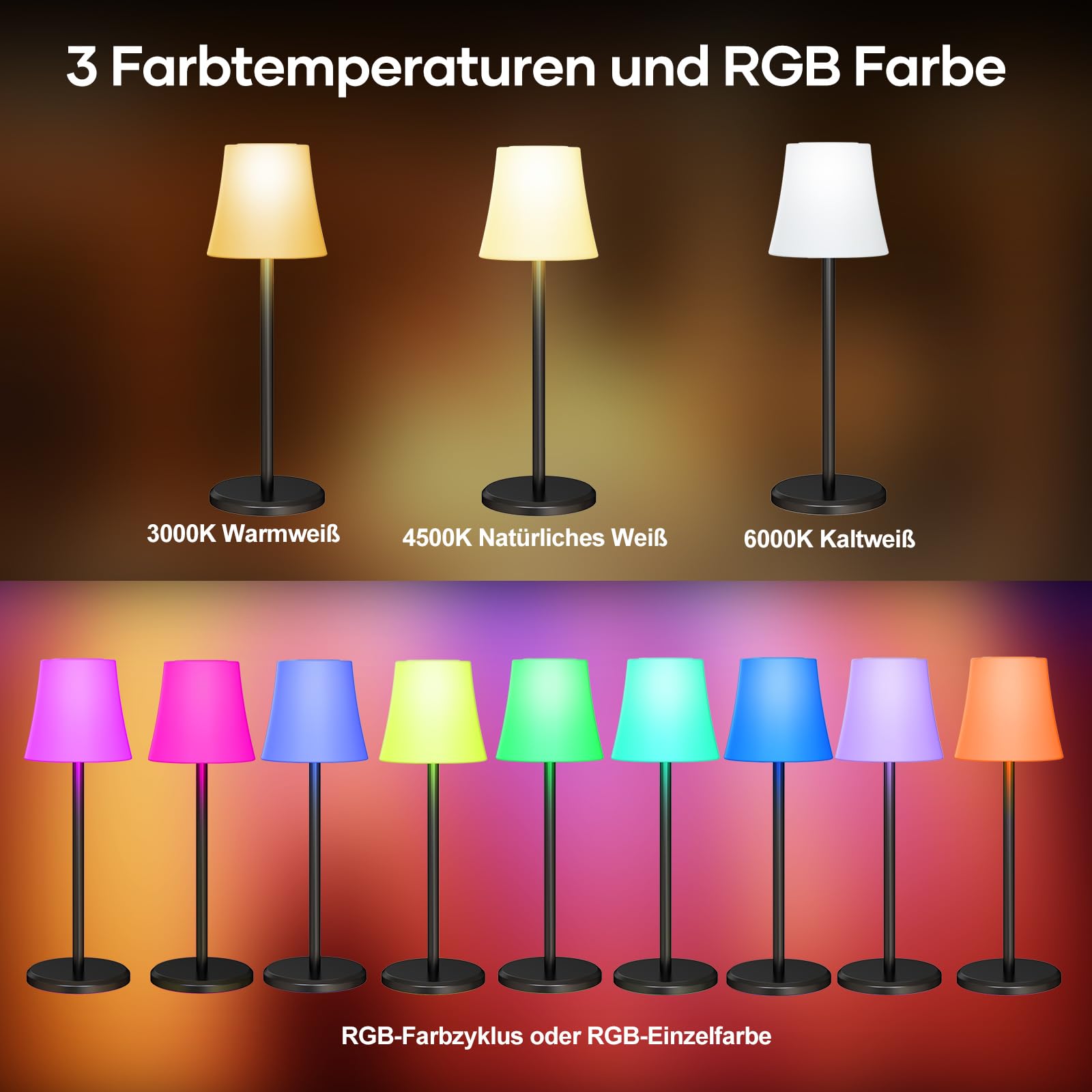 Suright 2 Stück Tischlampe Kabellos mit 3 Farbmodi und RGB Farben, Touch Control Dimmbar Aufladbar Akku Tischleuchte, IP54 Wasserdicht LED Tischlampe für Restaurant, Schlafzimmer, Party, Camping