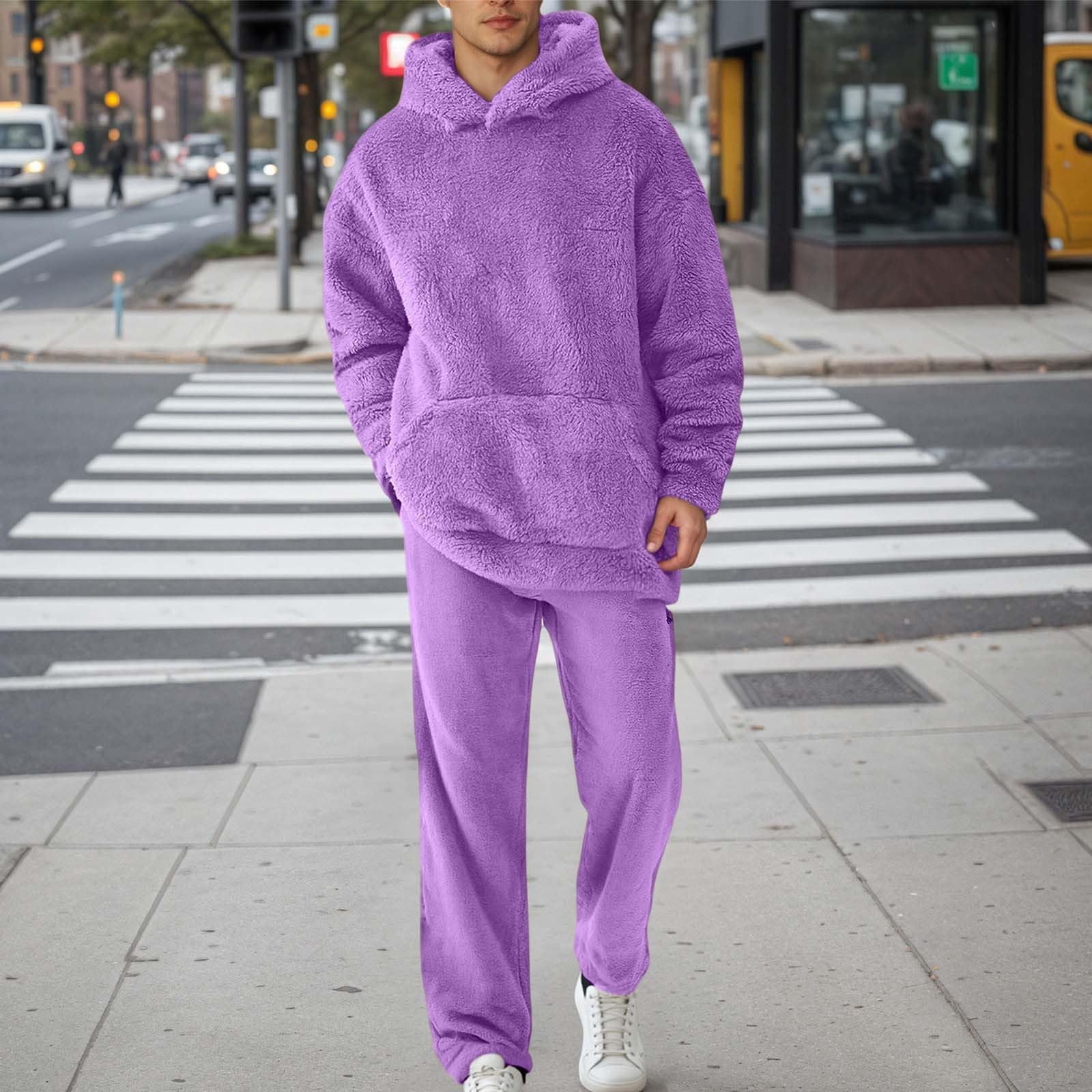 Generisch Chándal de forro polar cálido para hombre con capucha para correr, informal, conjunto de ropa de salón con bolsillos, ajuste suave y cómodo para el día a día, ocio en invierno