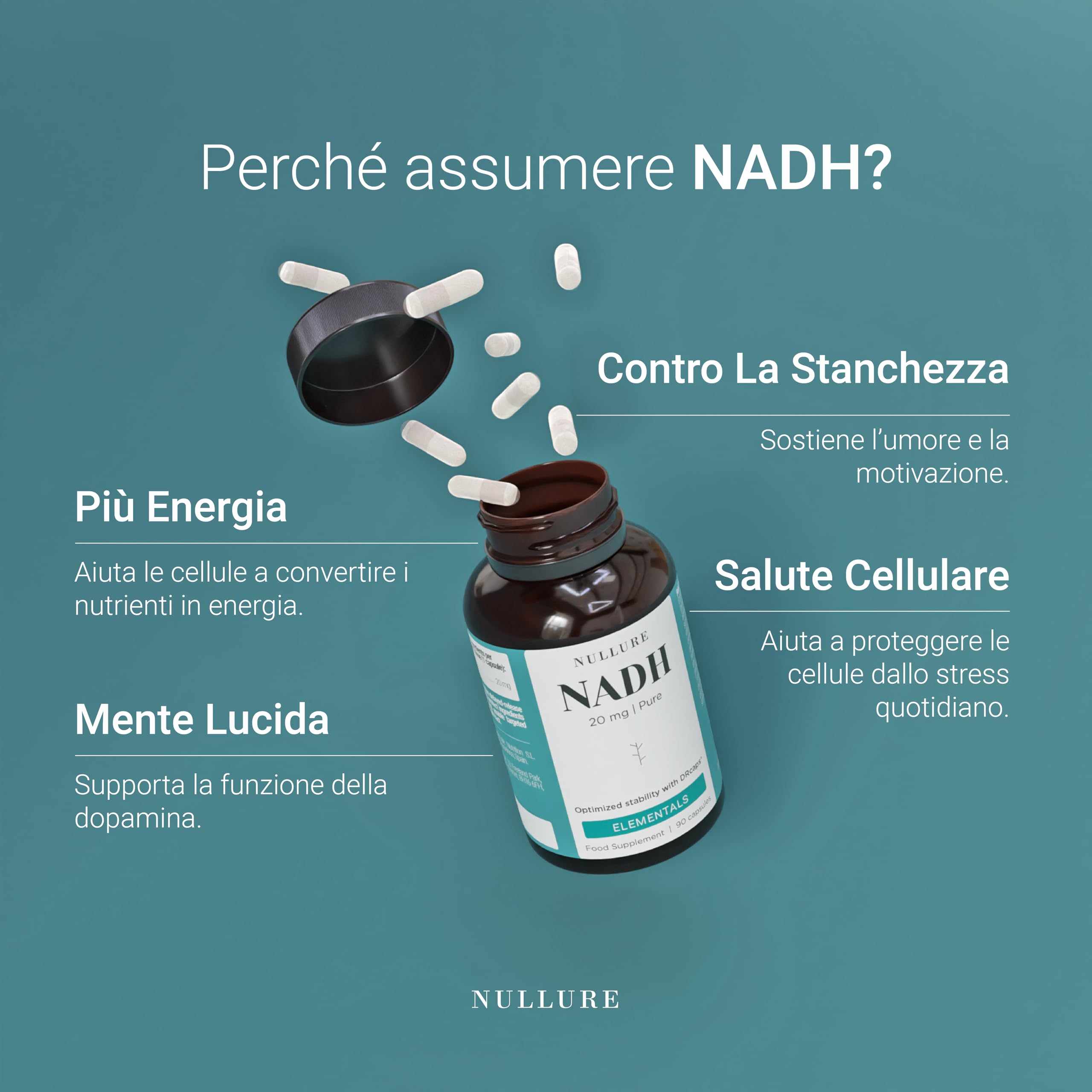 Nullure NADH Integratore 20 mg | Assorbimento ottimizzato con DRcaps® | Senza stearato di magnesio | Testato da terzi | Vegano | 90 caps (3 mesi) | Prodotto a Barcellona