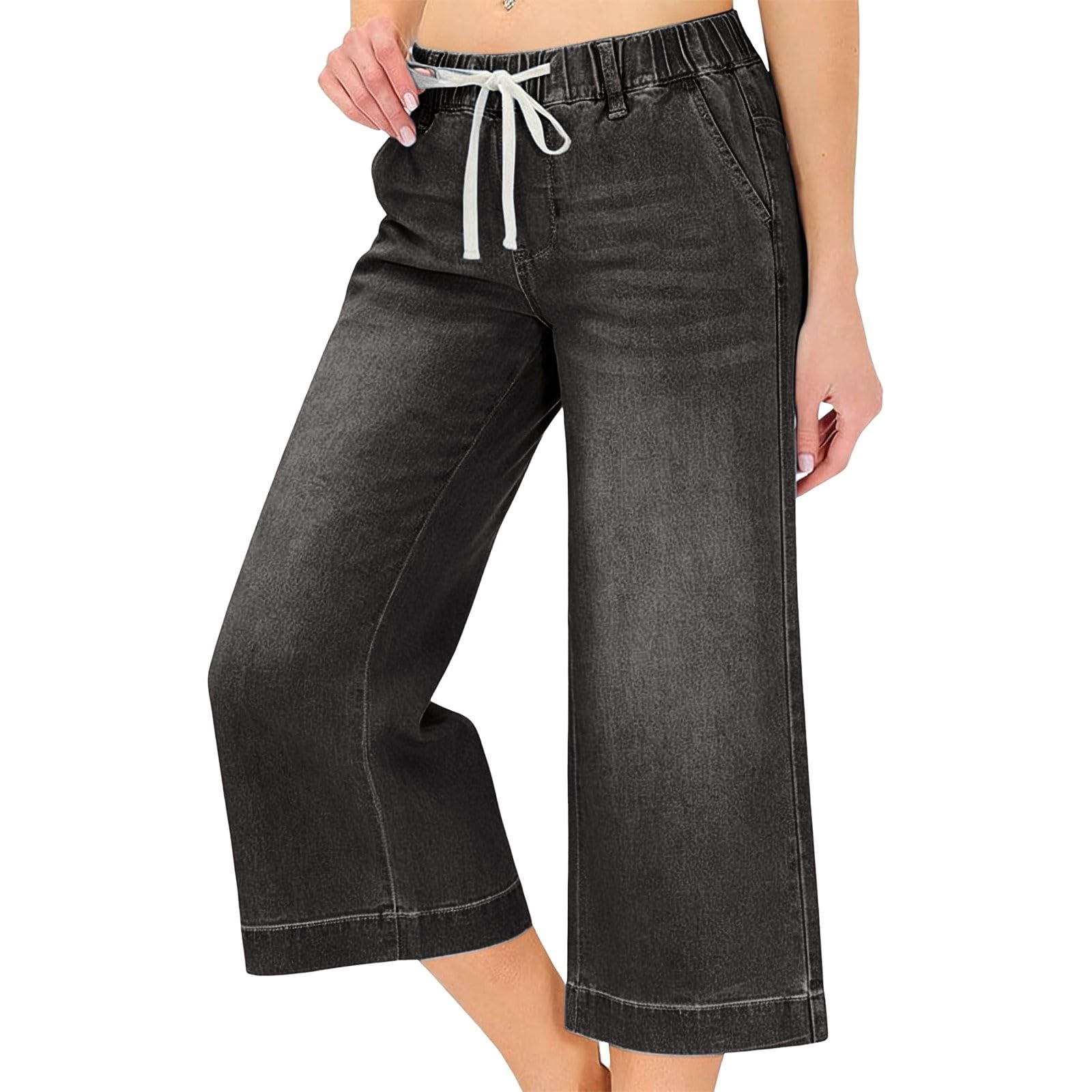 Pantalones vaqueros de algodón 7/8 para mujer, muselina, pierna ancha, con