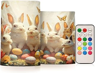 Cute Bunnies Eggs Rabbit Flowers Flameless Candles with Remote Timer Set of 2 Battery Operated LED Flickering Pillar Candles for Christmas Birthday