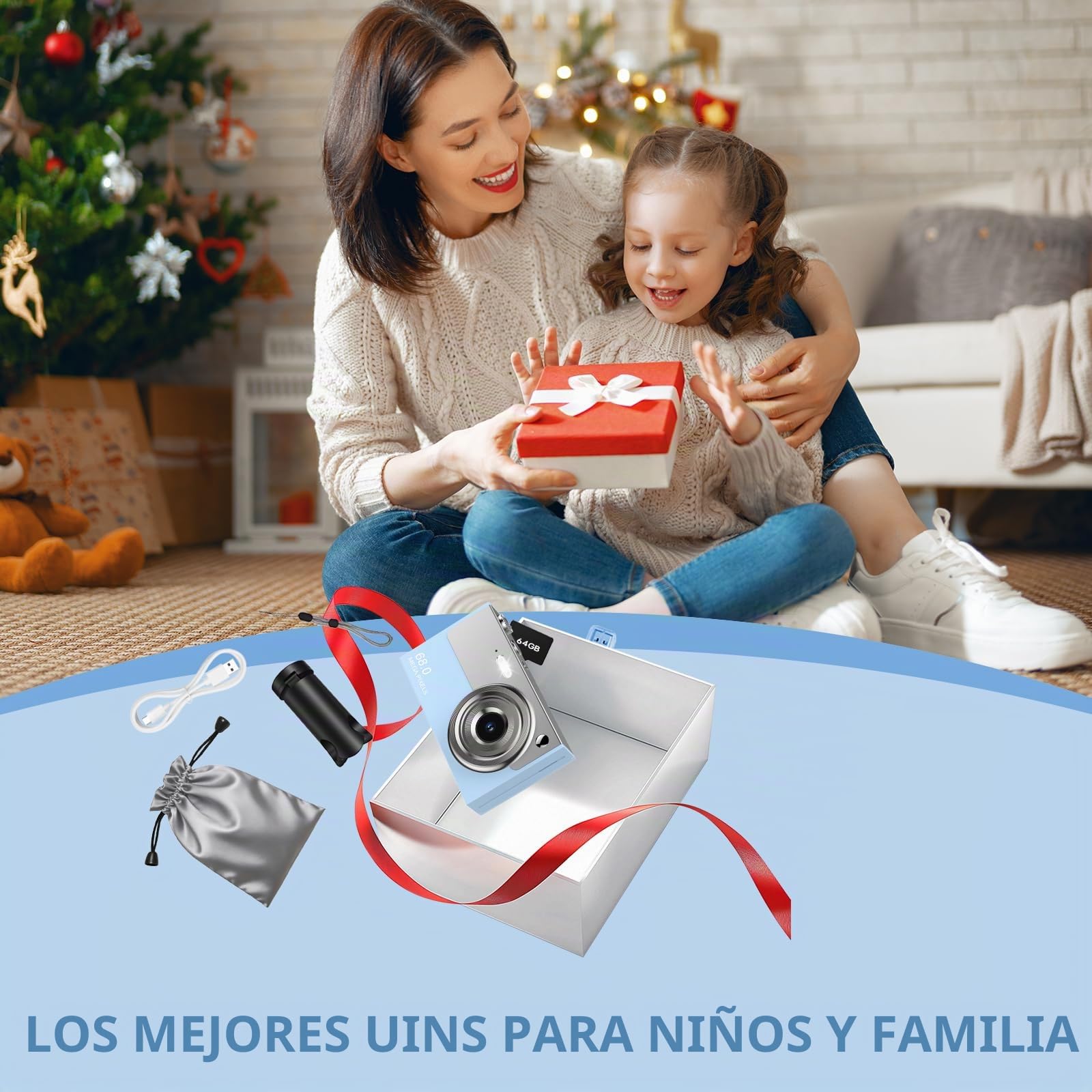 Cámara digital de 64 MP 4K para niños con pantalla IPS de 2.8", tarjeta SD de 64 GB y zoom digital de 16X. Antivibración, cámara compacta compacta y portátil. Regalo pequeño para niños, niñas y estudi