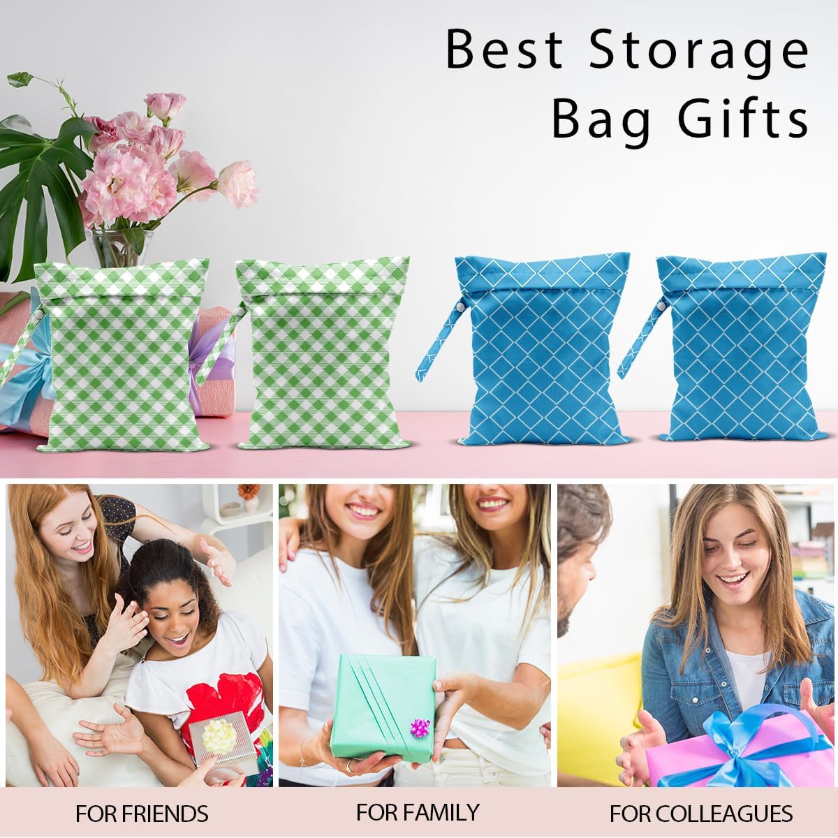 Wet Bag, 4Pcs Wet Dry Bag Set, Reusable Waterproof Bags with Blue Diamond Lattice & Green Gingham Prints for Women, Great for Beach Getaways & Pool Days