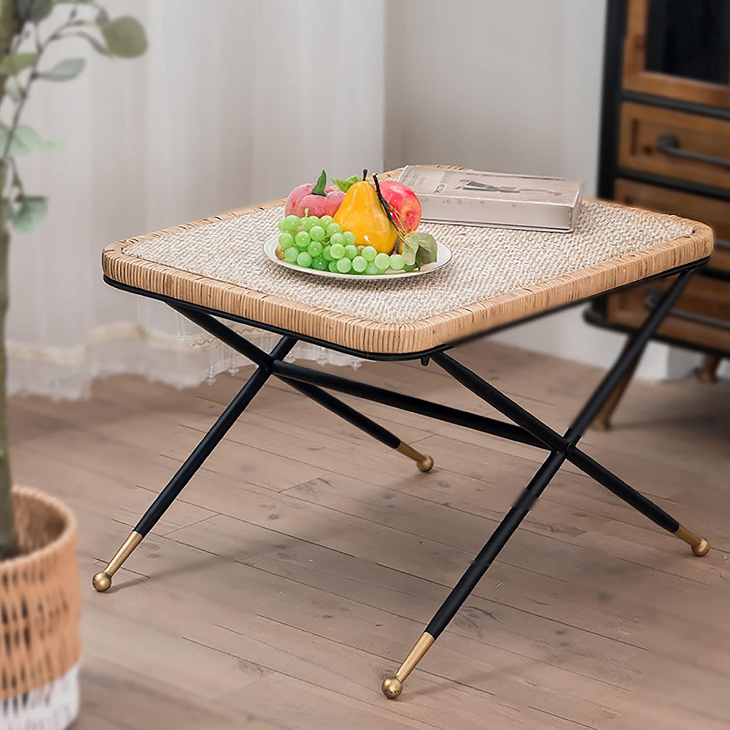 Rattan Side Table Metal End Table Rectangle Coffee Table Nightstand Outdoor Breakfast Table for Living Room Bedroom Patio