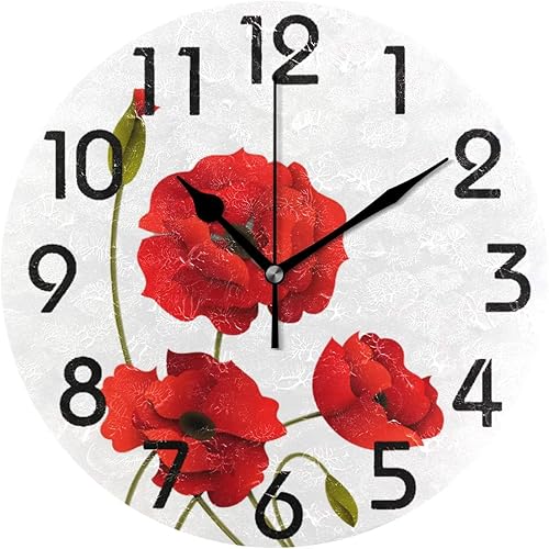 Naanle Tylish - Reloj de pared redondo con estampado de flores de amapola roja, 9.5 pulgadas, funciona con pilas, reloj analógico de escritorio
