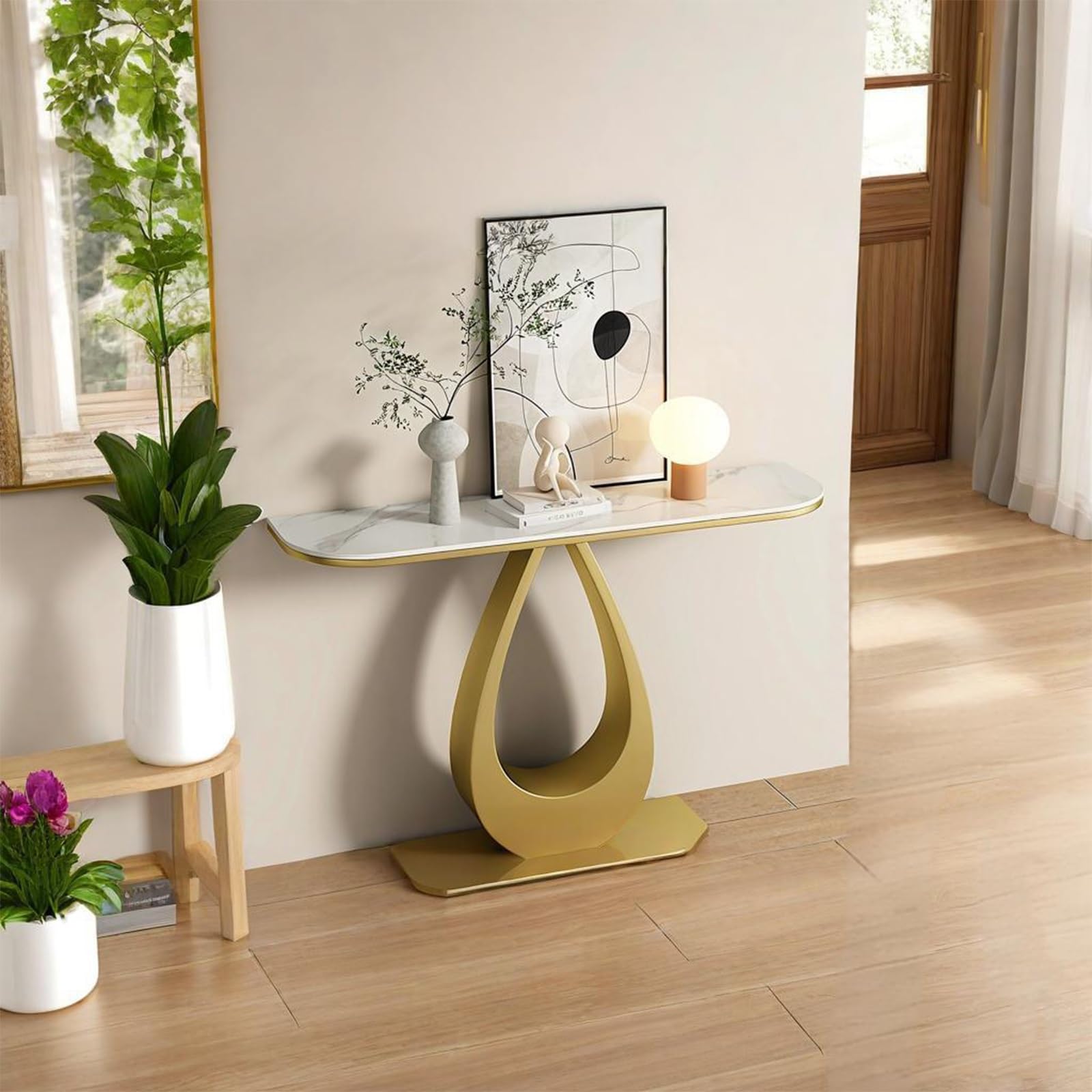 Stół wejściowy z marmurowym blatem i metalową podstawą, nowoczesny stolik do sofy do przedpokoju, salonu lub korytarza, stylowy i funkcjonalny design, 90 cm