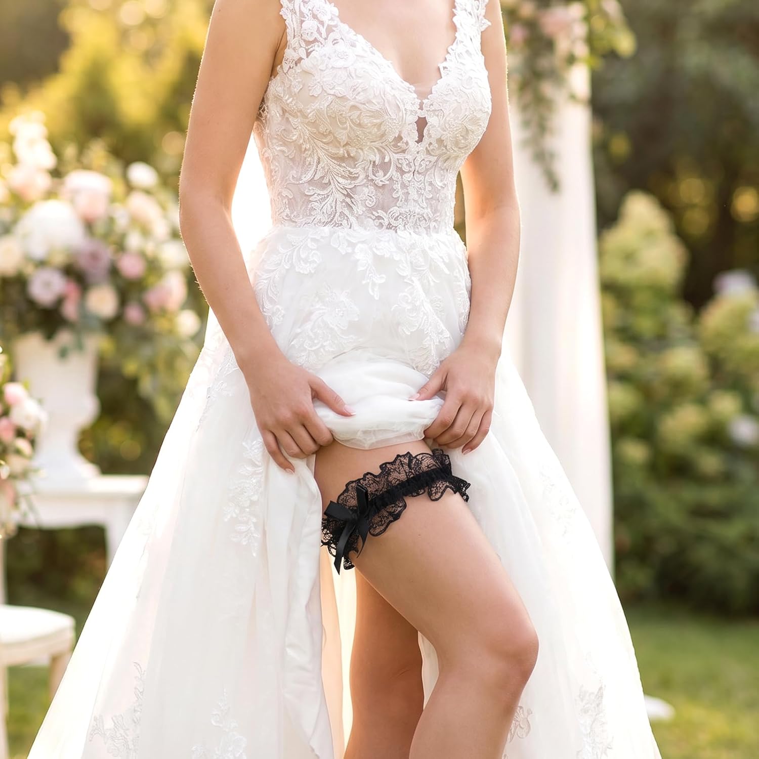 Ymapinc 2PCS Black Lace Thigh Garter with Bow, Adjustable 12.20-19.69 inch Elegant Adjustable Leg Garter, Bride Wedding Party Dress Decor