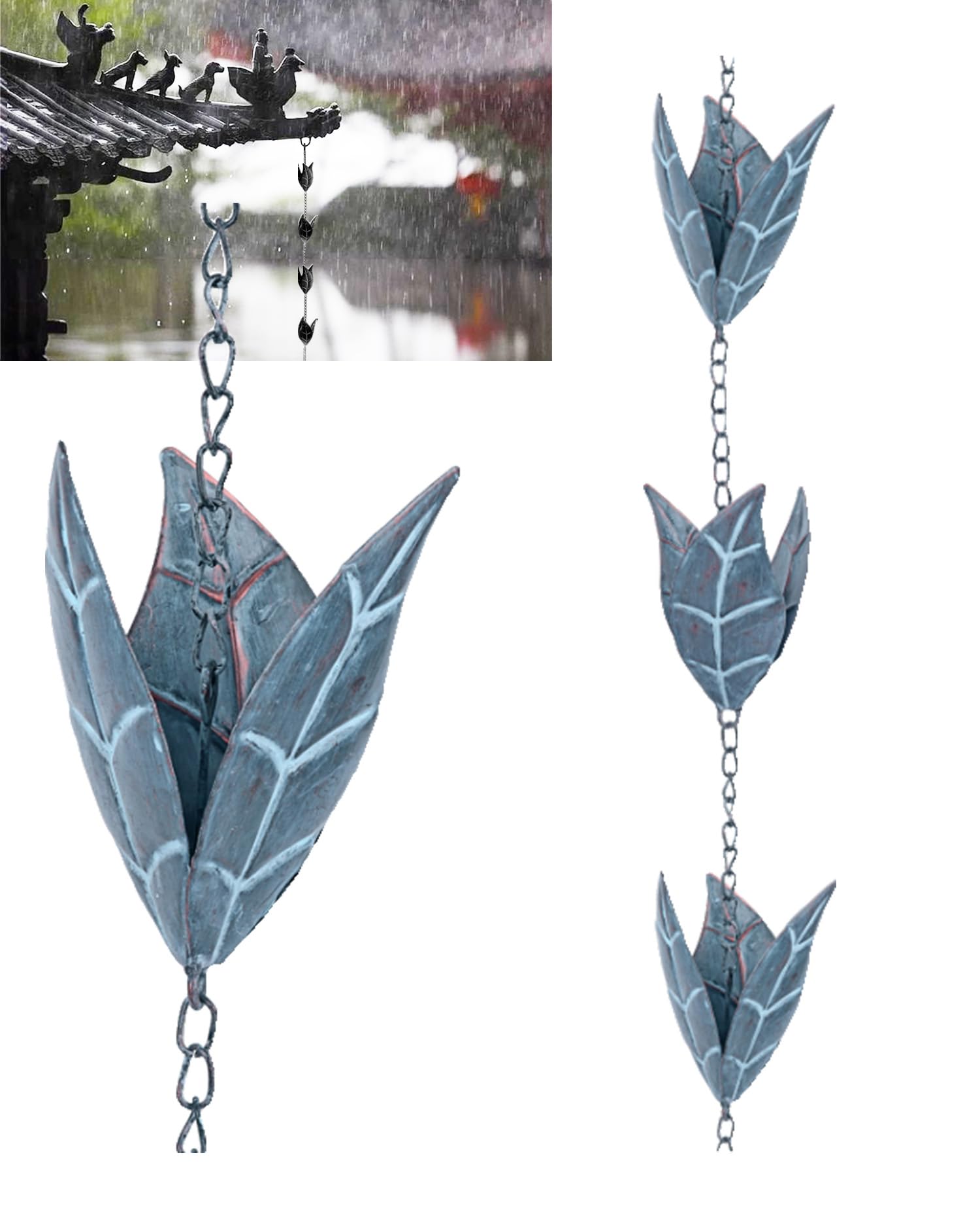 Tefola 2.6m Chaine de Pluie, Rain Chain, Chaînes de Pluie, Chaine de Pluie pour Gouttiere Rétro en Forme de Feuille de Fer Bleu à Accrocher sur Les Balcons, Les Toits et Les Jardins