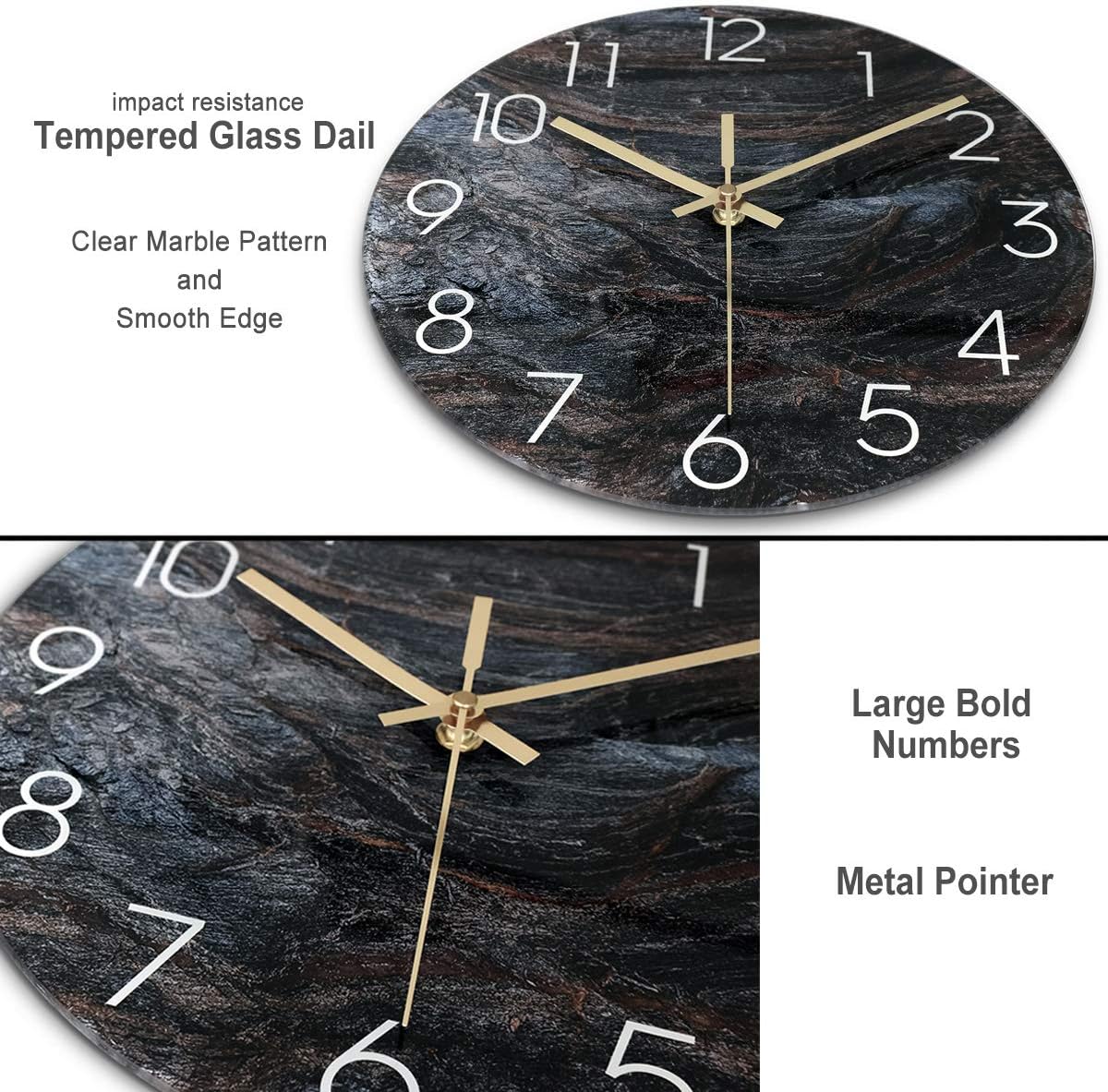 AROMUSTIME 12 Inch Tempered Glass Wall Clock Marble Texture Silent Non-Ticking Battery Operated Modern Wall Clock for Home/Office Decor,Brown Marble