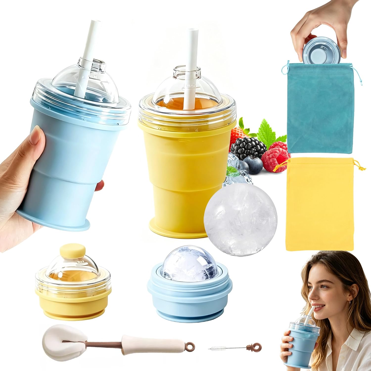 2-in-1 Collapsible Silicone Ice Ball Maker Cup - Reusable Portable Ice Sphere Mold Travel Tumbler with Straw & Lid,Leakproof Easy Demolding for Iced Coffee,Outdoor,Gym + Cleaning Brush & Bag
