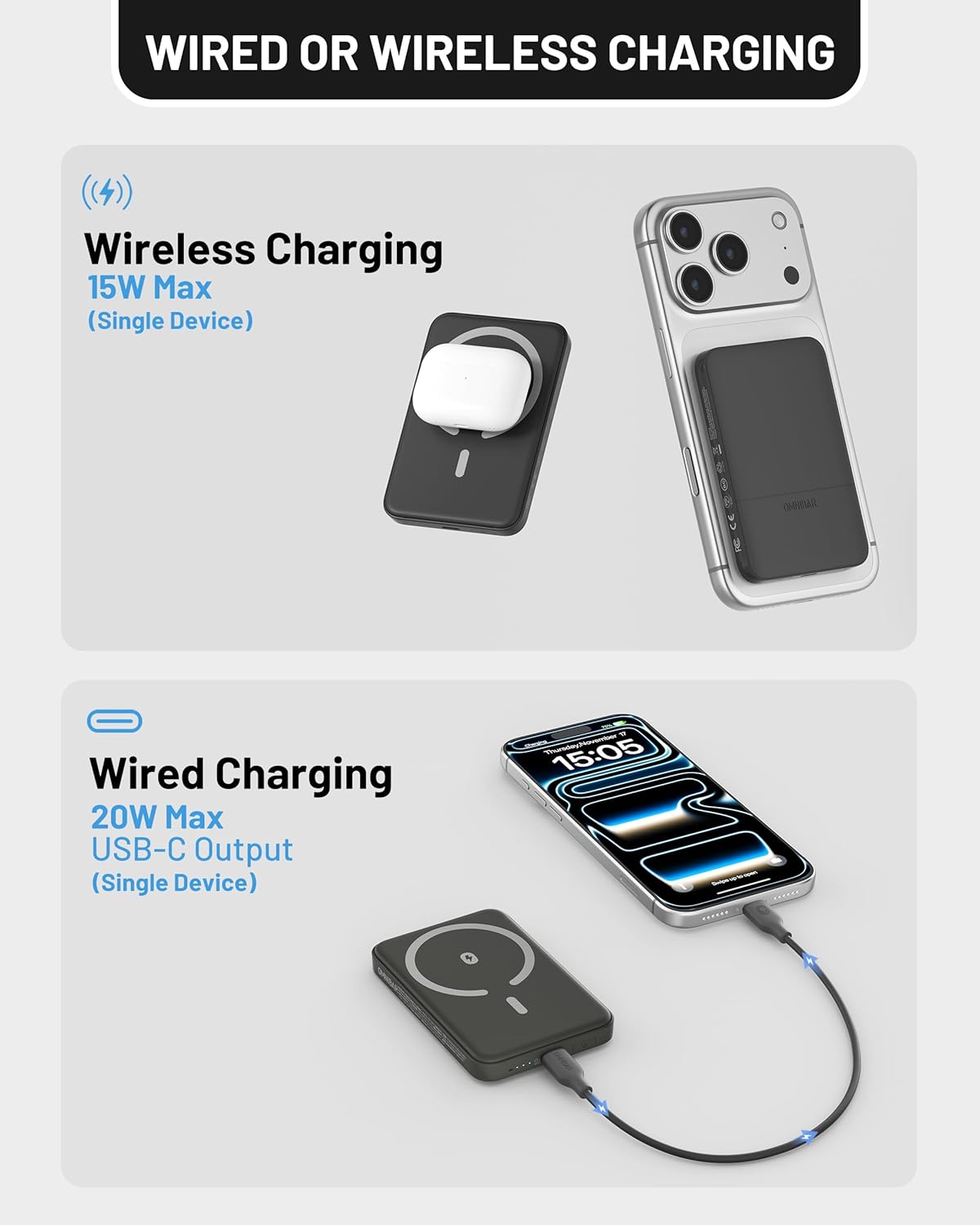 Magnetic Power Bank for iPhone, 5,000mAh MagSafe Portable Charger, 0.5'' Slim Wireless Power Bank with USB C Cable, Travel Essentials Magnetic Battery Pack for iPhone 17/16/15/14/13/12, Black