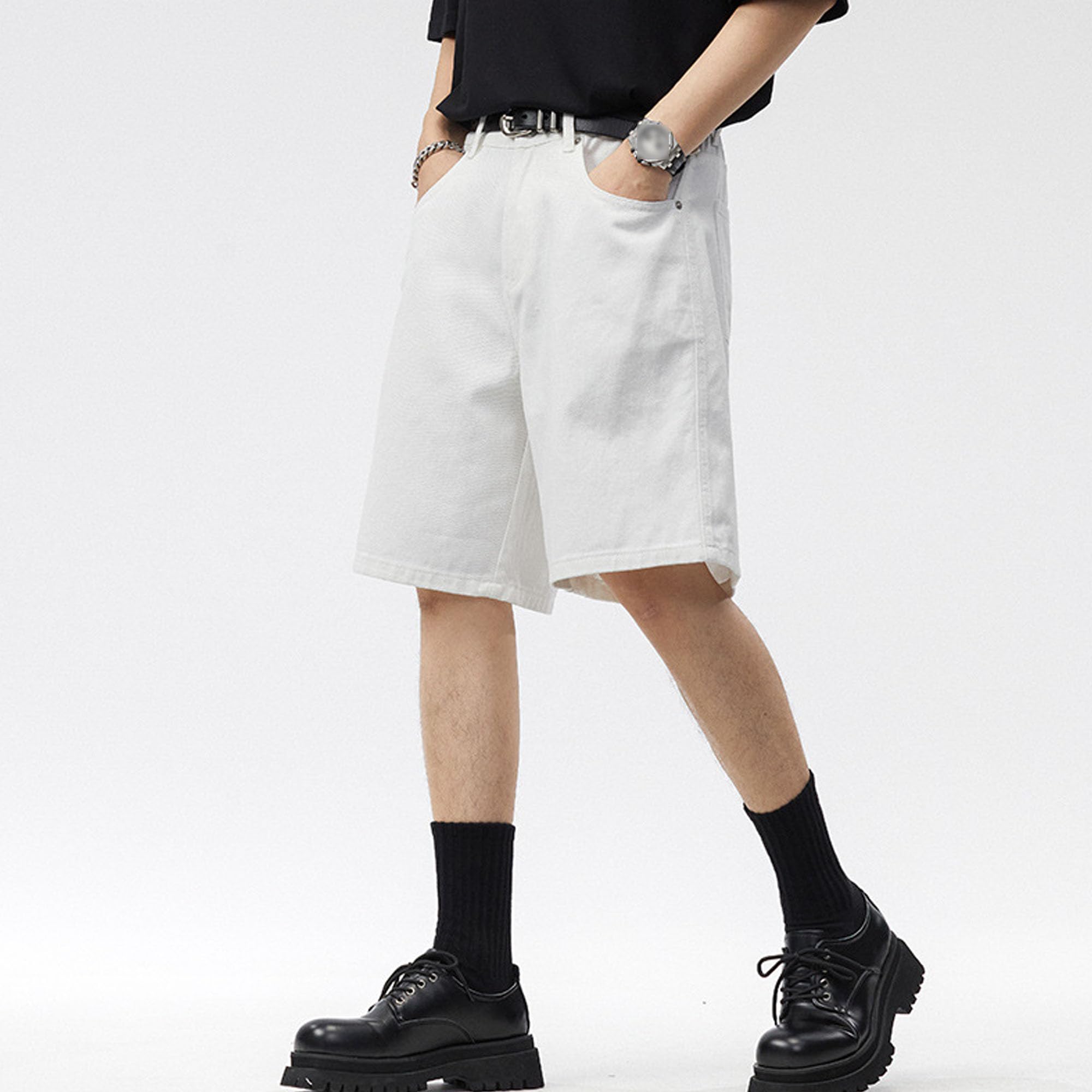 Jorts en jean pour homme - Jambe droite - Confortable - Baggy - Court - Couleur unie - Délavé - Pour homme
