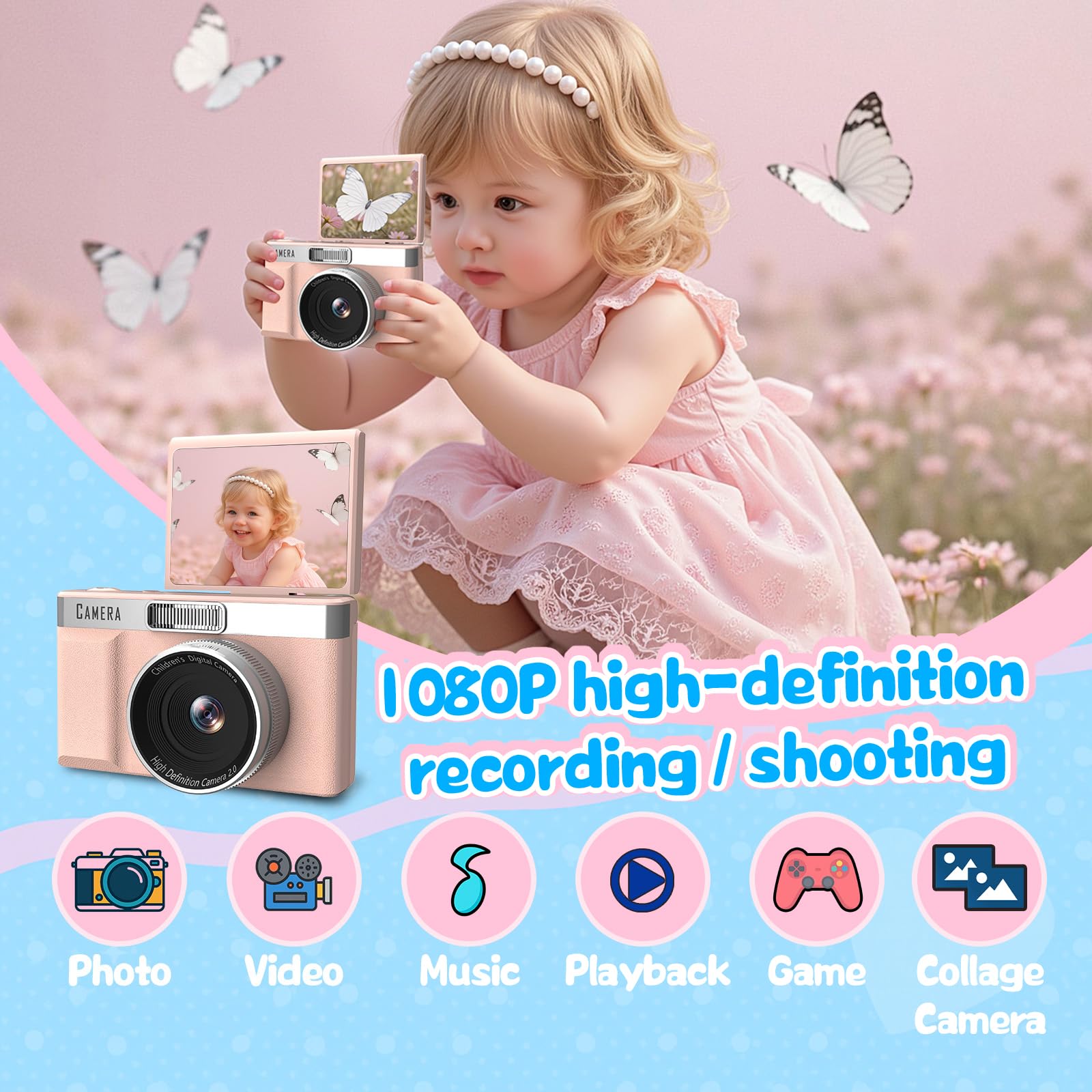 Appareil Photo Enfant Écran Inversable 180°, Carte Mémoire 32GB, Appareil Photo Numérique 1080P HD, Jeux Éducatifs Intégrés, Digital Camera Enfants, Garçons Filles(Rose)