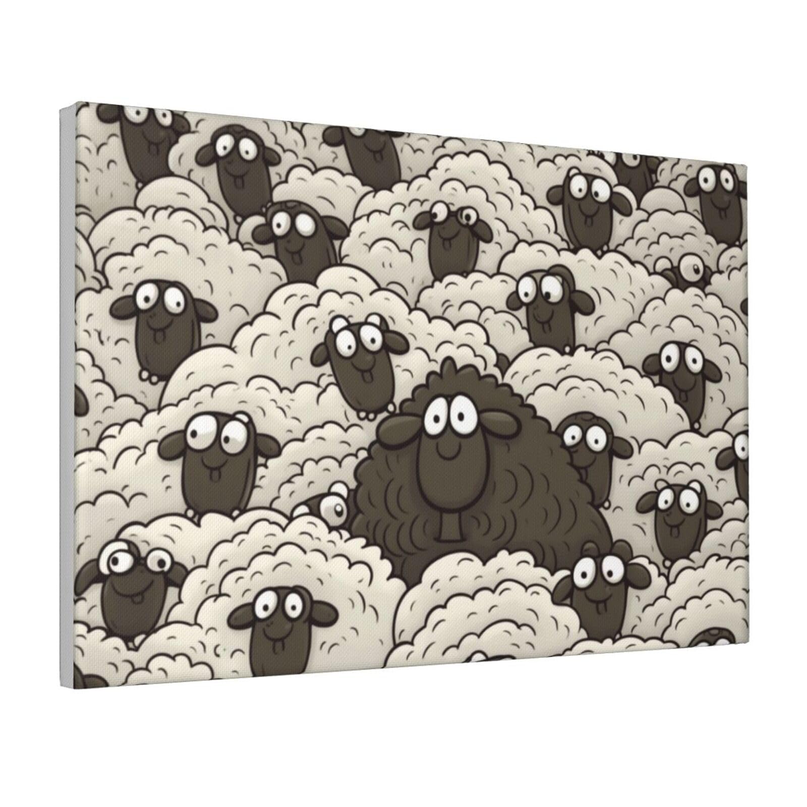 Framed Wall Art for Living Room Art Work, Cartoon Black White Sheep Picture Prints Modern Office Wall Paintings Poster Aesthetic Wall Decorations for Home Decor Ready To Hang 16"x24"