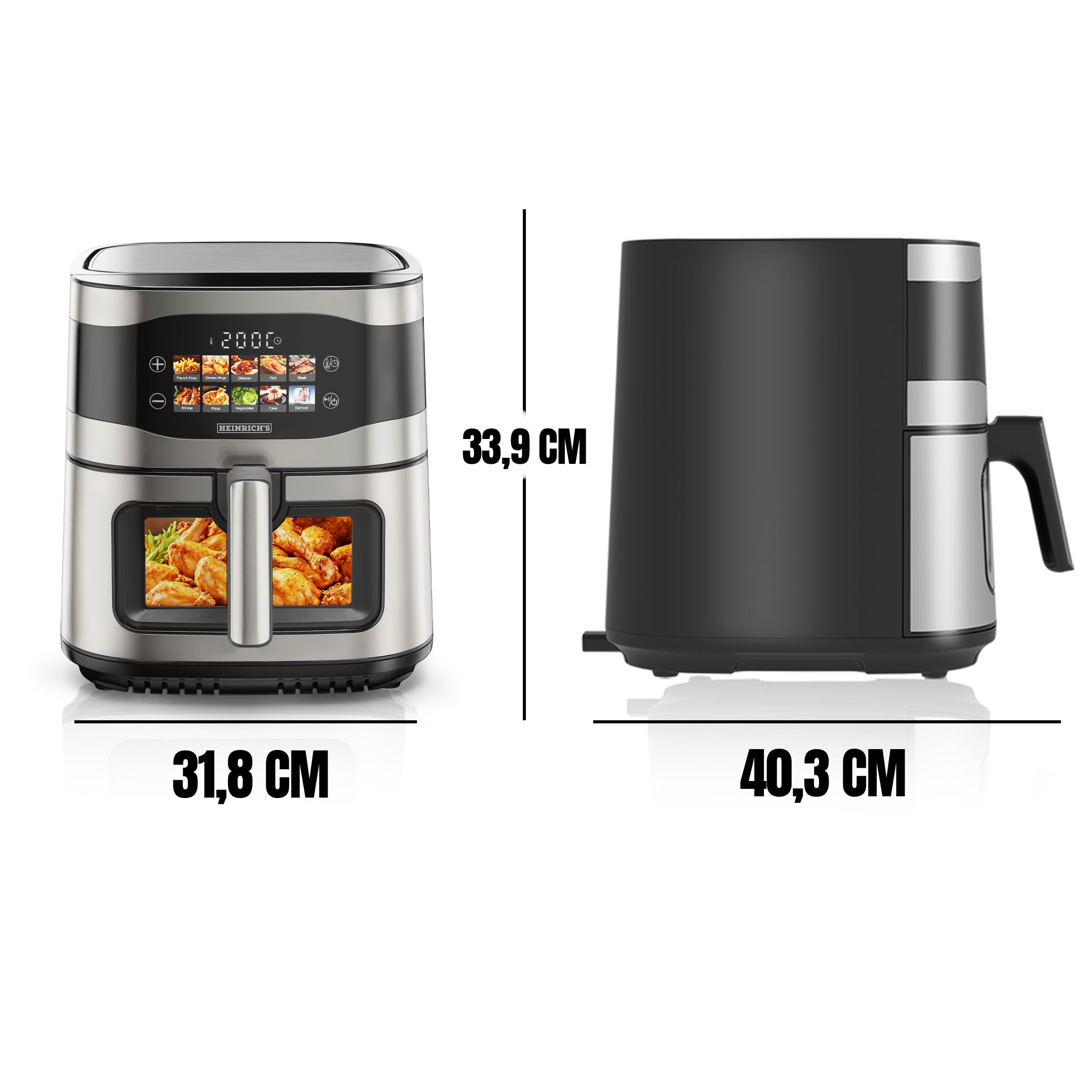 HEINRICHS Heißluftfritteuse, 9 Liter XXL Air Fryer, 10in1 Heißluftfritteuse, LED-Display mit Sensor-Touch Bedienung, fettfreie Zubereitung, inkl. Timer, platzsparend, spülmaschinenfester Korb, 1800W