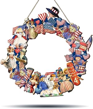 Patriotic Wreath for Front Door Vintage 4th of July Decorations Wooden Fourth of July Hanging Door Sign Independence Day Hanger for Porch Home Wall Outside Decor