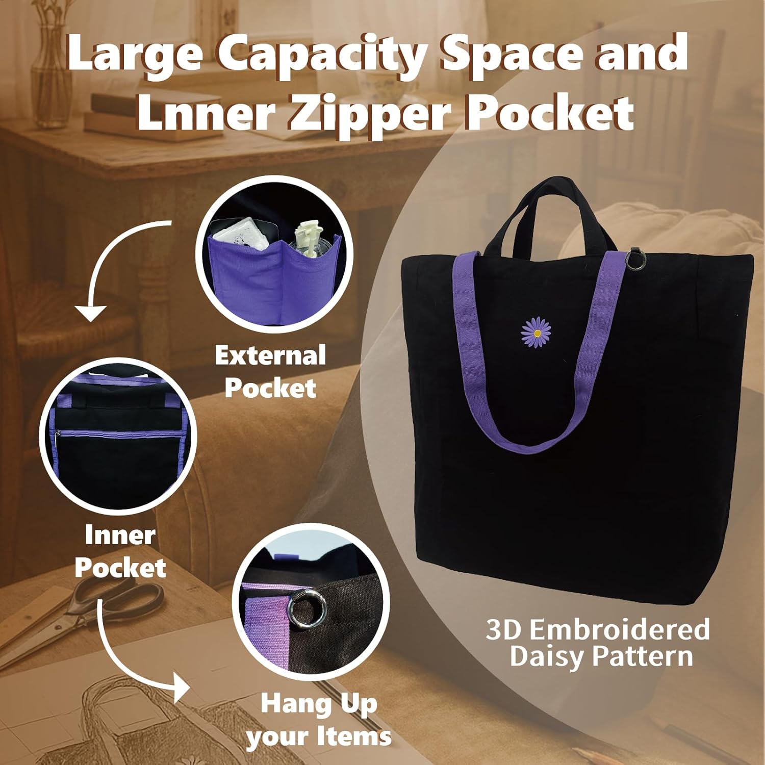 Black Canvas Shopping Tote Bag for Women, Structured Everyday Carryall with Outer Pockets and Inner Zipper Pocket, Reusable Market Work Bag with Dual Handles for Commuting, Travel, Daily Essentials | 27L Large Tote Bag, 12 Oz Heavy Duty Bag, Long + Short Handles, Zipper Closure, Inner Zip Pocket, Out Multi 2 Pockets