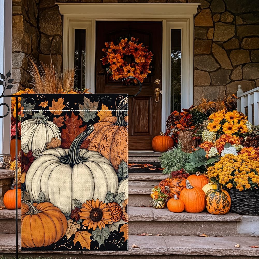 Fall Pumpkin Garden Flag for Outside 12x18 Inch Double Sided Burlap Autumn Thanksgiving Leaves Sunflower Flowers Farmhouse Holiday Rustic Outdoor Yard Flag Home Decorations - Image 9