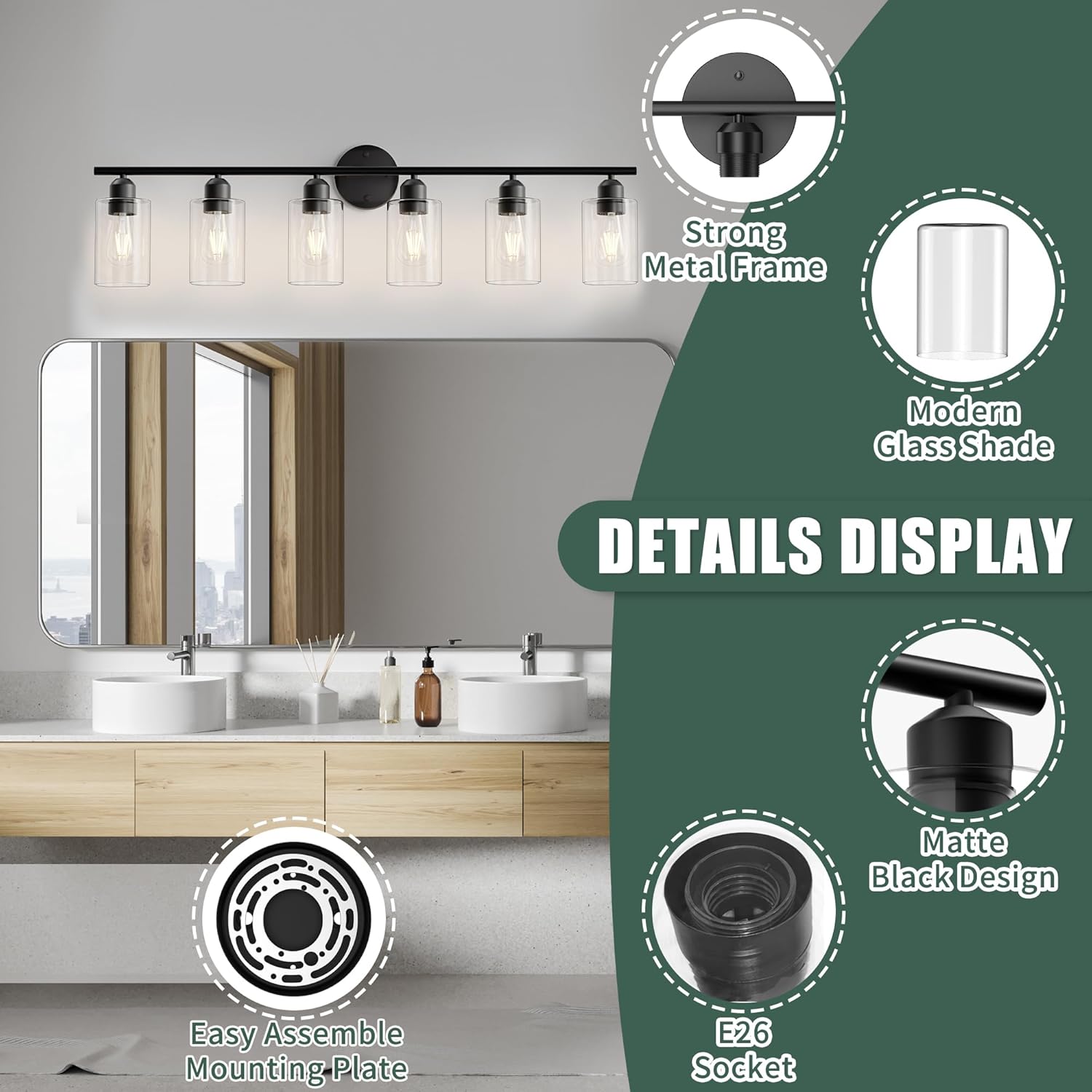 Espird 6 Lights Bathroom Vanity Light Fixtures Matte Black,Rustic Farmhouse Vanity Lighting Over Mirror Modern Industrial Lamp with Cylinder Glass Shade UL Certified