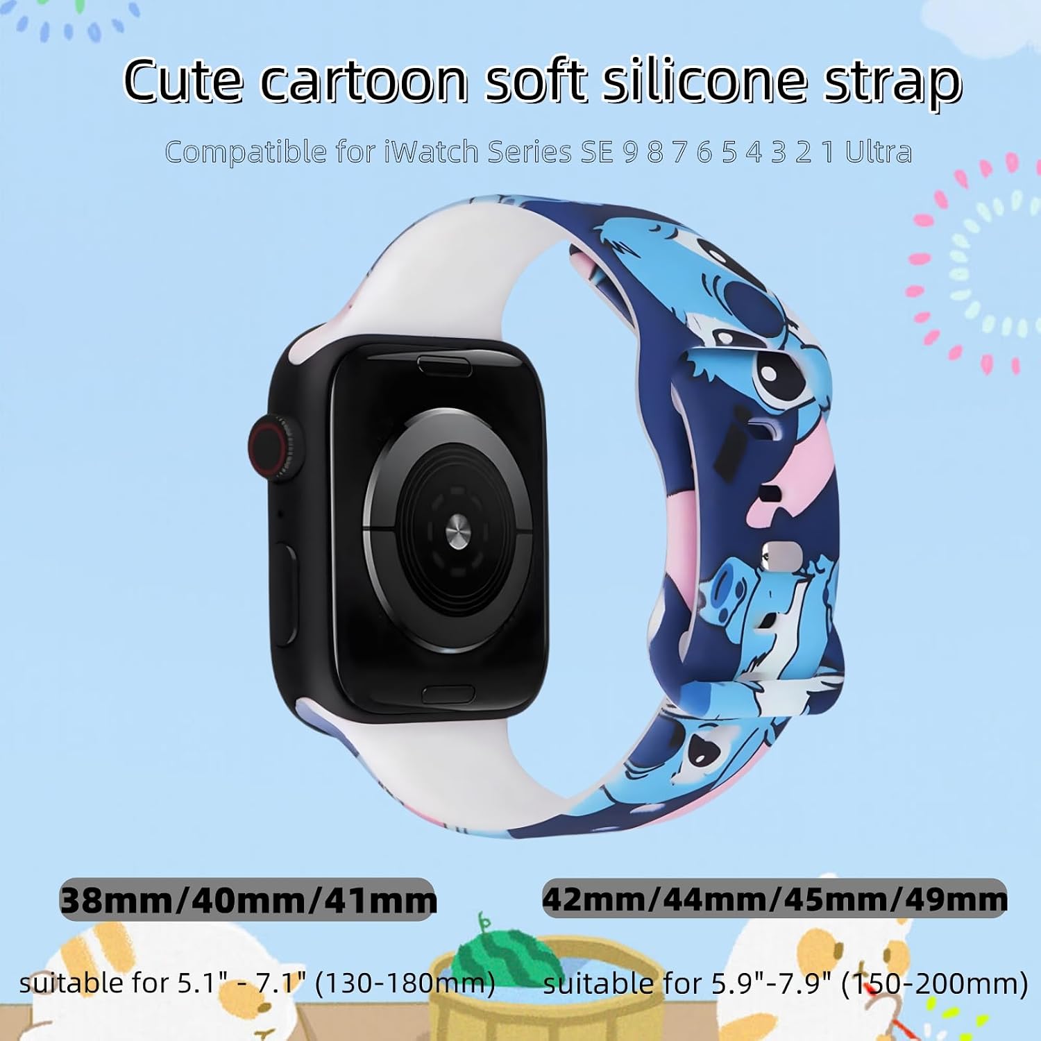 Cute Cartoon Design Pattern Printed Bands Compatible with Apple Watch Band 38mm 40mm 41mm, Grade Soft Silicone Sports Wristband Strap for iWatch Ultra SE & Series 11/10/9/8/7/6/5/4/3/2/1 image 3