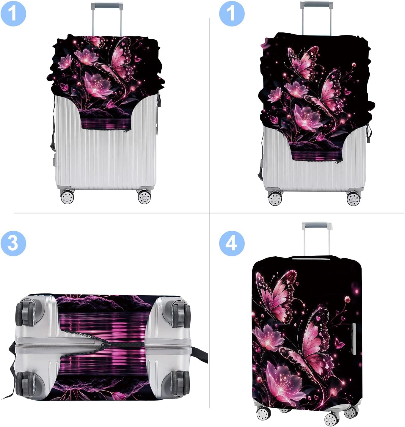 Pink Butterflies Luggage Cover Washable Suitcase Protector Anti-Scratch,Stretchable Fit for 20-22 Inch Luggage Durable Travel Bag Cover with Zipper Closure S image 4