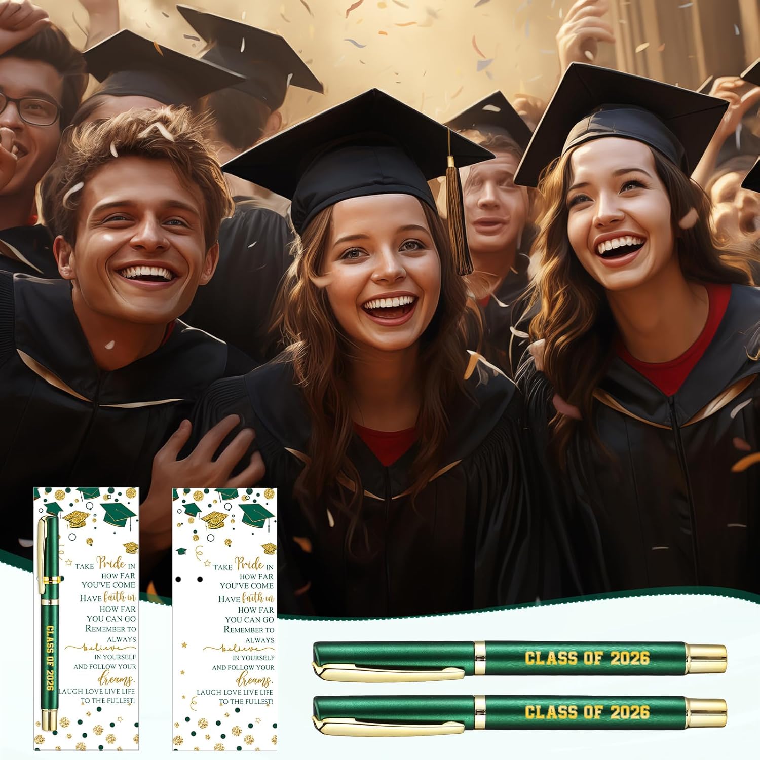 Spakon 50 Set Class of 2026 Graduation Gifts Bulk Gel Ink Pen with Greeting Cards End of the Year Gifts Graduation Party Supplies for Students Yearbook Signature from Teacher(Green)