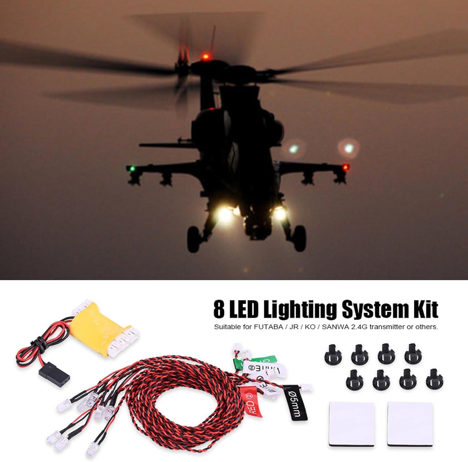 8 LED RC Plane Led Light Kit, RC Flashing Lighting System with 23.6inch Wire, 4-6V Flashing Lights for 1/10 RC Airplane and Helicopter