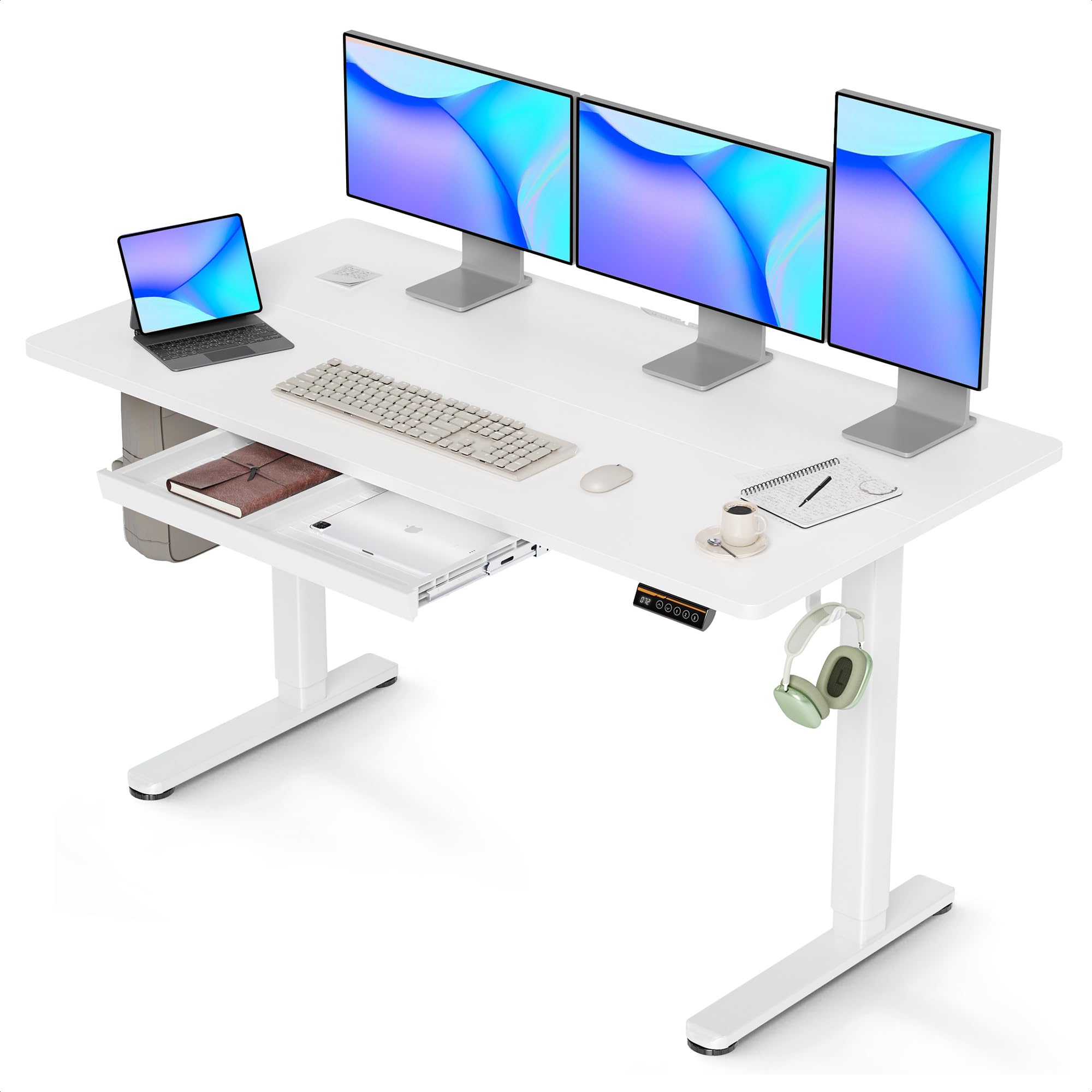 Claiks 140x60cm Escritorio Regulable en Altura con Cajones,80KG Capacidad de Carga Escritorio Elevable con 3 Memorias Inteligentes & 2 Gancho para Auriculares, Blancos