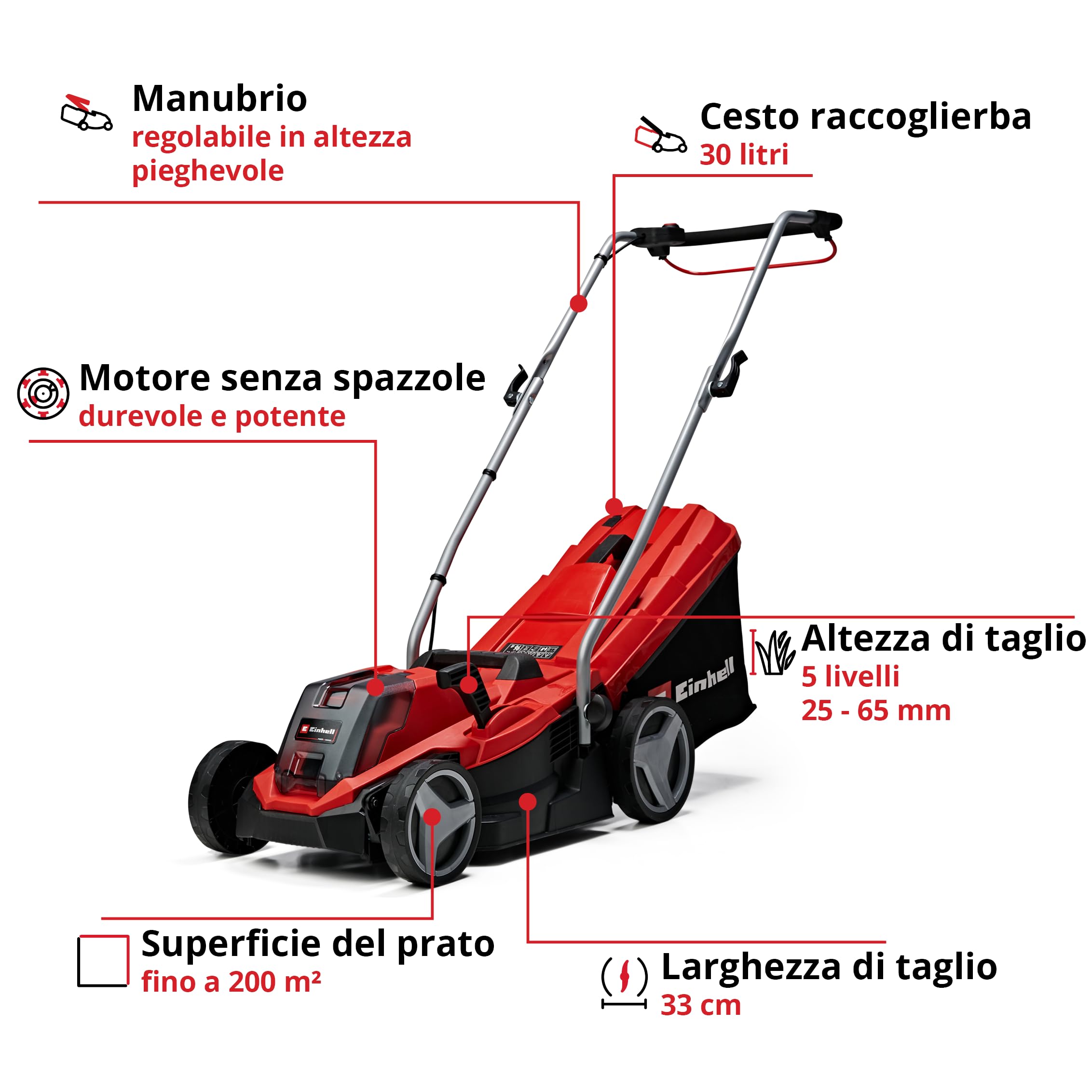 Einhell GE-CM 18/33 Li - Kit (1x4,0Ah) Tagliaerba a batteria Power X-Change (18 V, 4,0 Ah, taglio 33 cm, raccolta 30 L, ruote ant. 150 mm, post. 180 mm, incl. batteria da 4 Ah e caricabatteria)