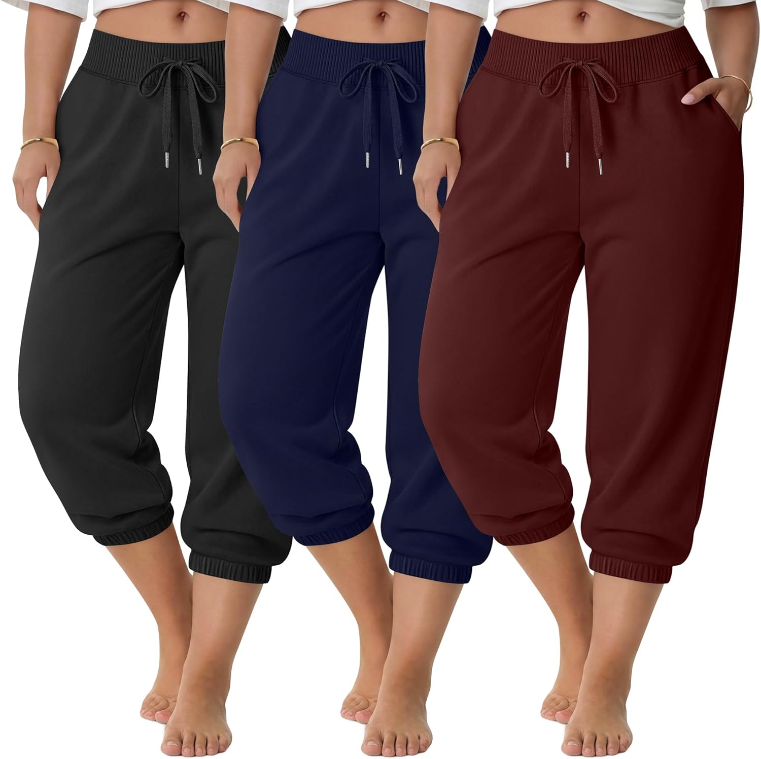 3 Pack Women's Plus Size Capri Sweatpants Athletic Cropped Lounge Pants Elastic Drawstring Joggers with Pockets