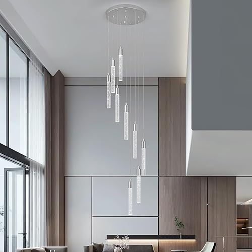 Miniatura 1 de Lámpara colgante de cristal cromado, 9 luces, regulable, 54 W, 6000 K, escalera, grande, vestíbulo, sala de estar, vestíbulo, techo alto
