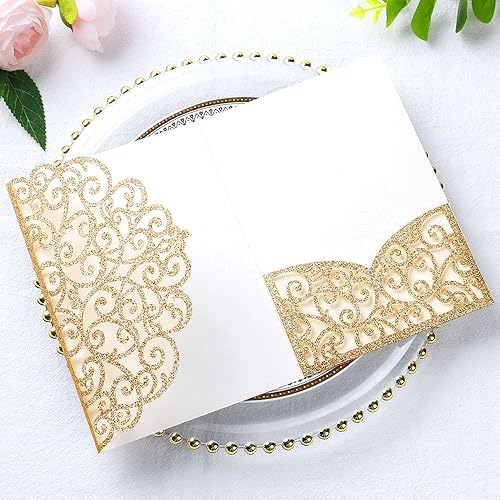 Vista 44 de ponatia 5.12 x 7.2 Invitaciones de boda de corte láser con purpurina negra, bolsillos de invitación triples cortados con láser con sobres