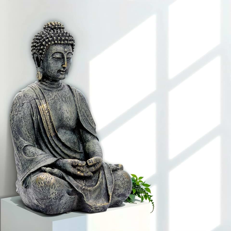 Estatua Buda Jardin Grande 38cm - Figura Buda Sentado Meditacion Resina - Decoracion Exterior Interior Resistente Heladas & Intemperie - Escultura Zen Feng Shui Terraza