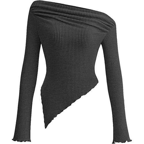 PRETTYGARDEN Women's Long Sleeve Y2K Crop Top Trendy Off Shoulder Asymmetrical Fitted Knit Tee Shirts Going Out Tops