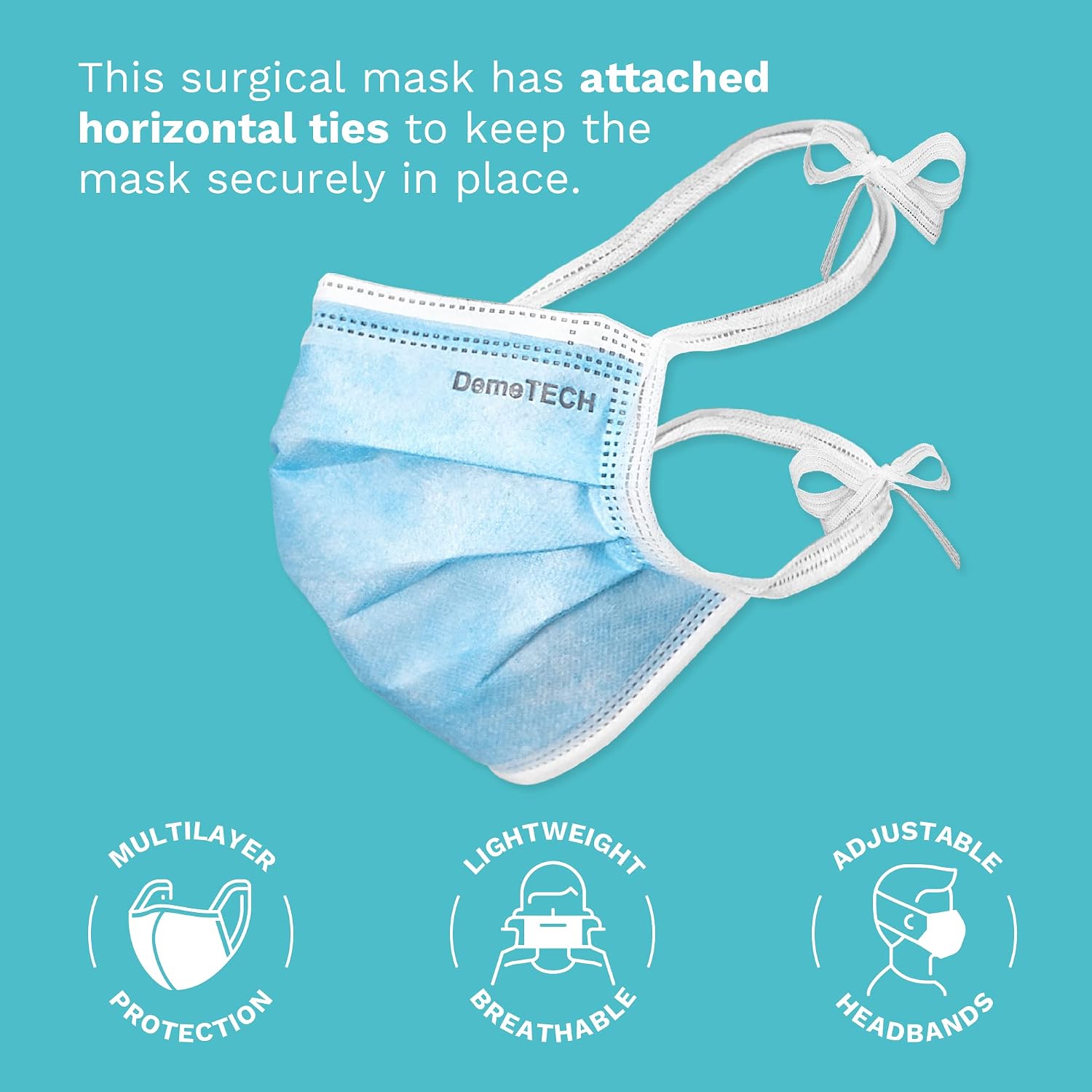 DEMETECH, MADE IN THE USA, ASTM Level 3 Protective 3-Layer Face Mask, Horizontal Tie Style, Adult Size